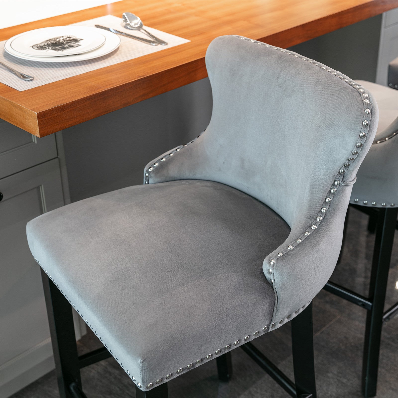 Contemporary Velvet Upholstered Wing Back Barstools With Button Tufted Decoration And Wooden Legs, And Chrome Trim, Leisure Style Bar Chairs,Bar Stools, Set Of 4 Gray , Sw1824Gy X 2 Cartons Gray Dining Room American Design Foam Velvet