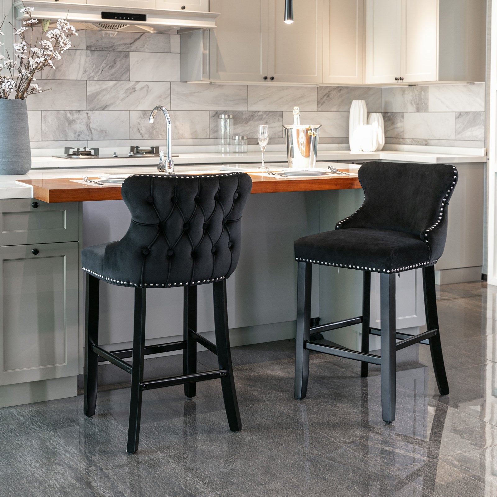 Contemporary Velvet Upholstered Wing Back Barstools With Button Tufted Decoration And Wooden Legs, And Chrome Trim, Leisure Style Bar Chairs,Bar Stools,Set Of 2 Black ,Sw1824Bk Black Foam Velvet