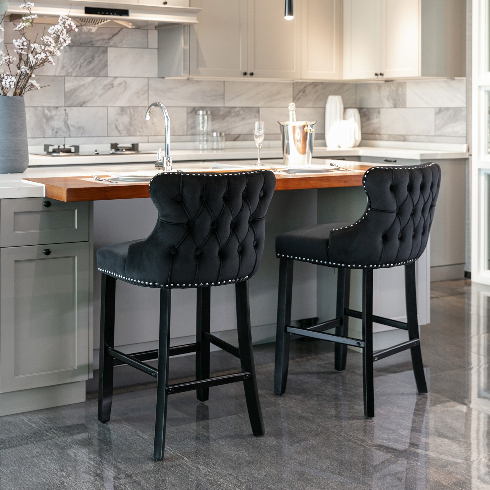 Contemporary Velvet Upholstered Wing Back Barstools With Button Tufted Decoration And Wooden Legs, And Chrome Trim, Leisure Style Bar Chairs,Bar Stools,Set Of 4 Black ,Sw1824Bkx2 Cartons Black Dining Room American Design Foam Velvet