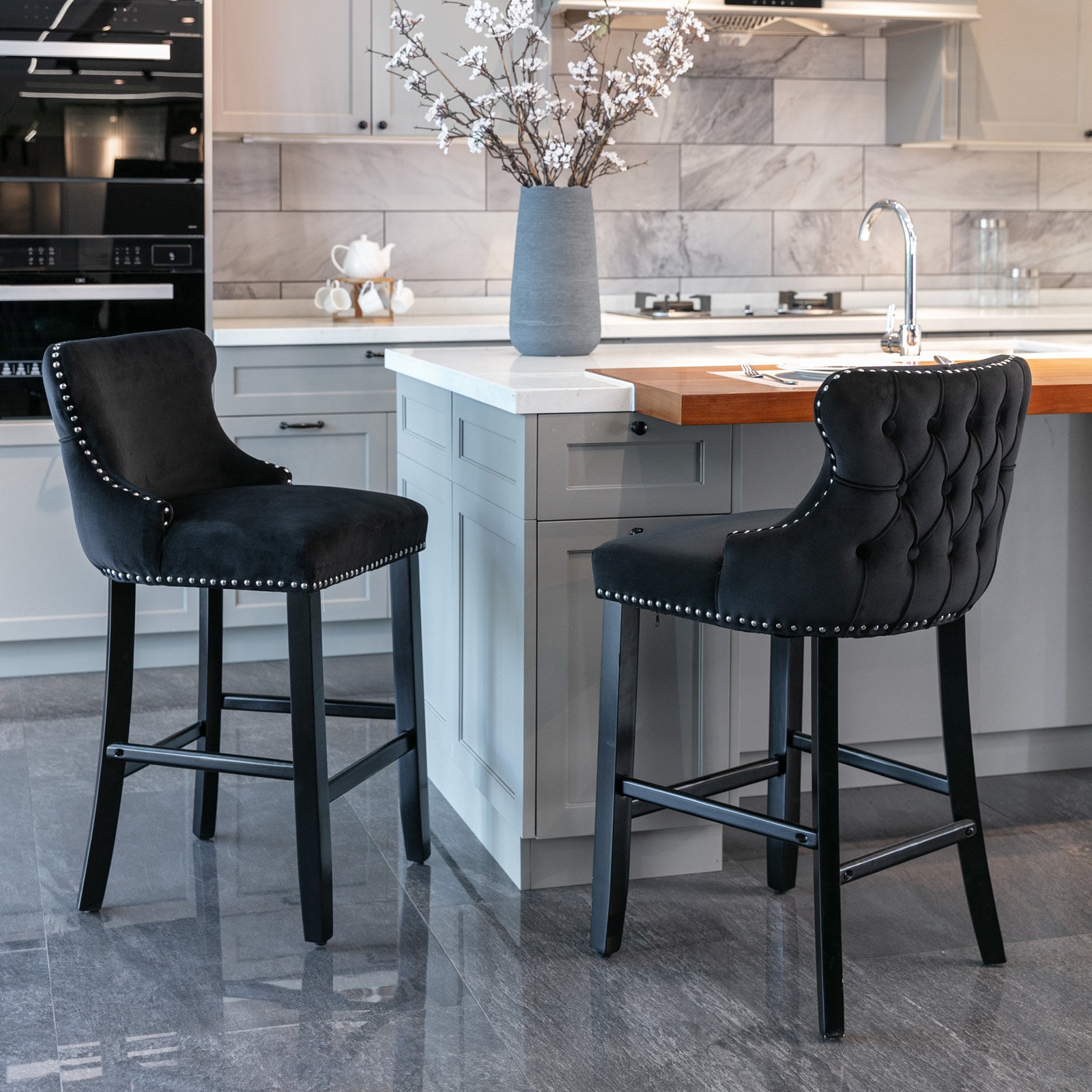 Contemporary Velvet Upholstered Wing Back Barstools With Button Tufted Decoration And Wooden Legs, And Chrome Trim, Leisure Style Bar Chairs,Bar Stools,Set Of 4 Black ,Sw1824Bkx2 Cartons Black Dining Room American Design Foam Velvet