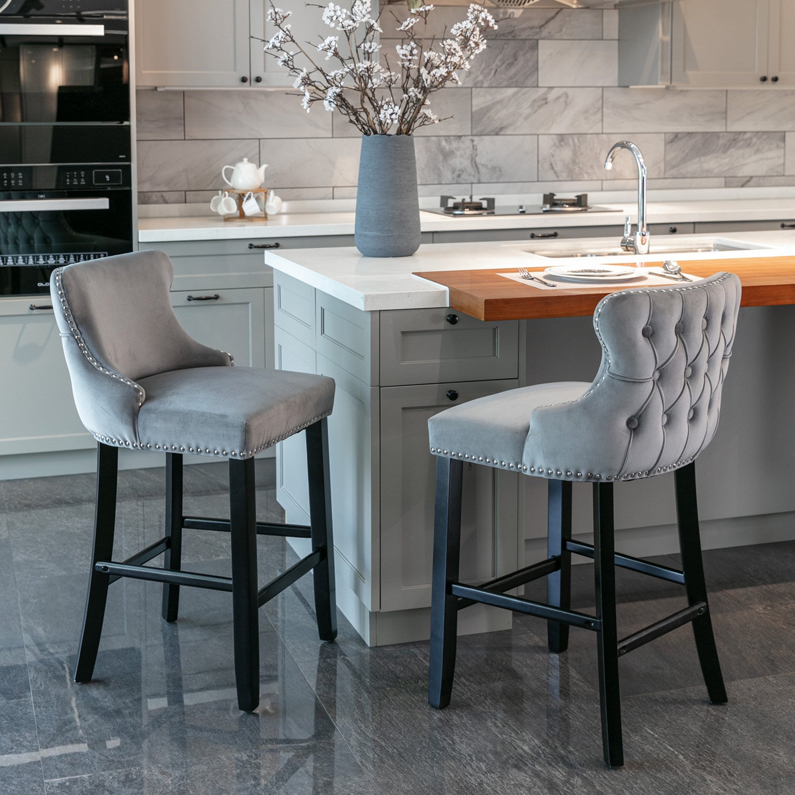 Contemporary Velvet Upholstered Wing Back Barstools With Button Tufted Decoration And Wooden Legs, And Chrome Trim, Leisure Style Bar Chairs,Bar Stools, Set Of 4 Gray , Sw1824Gy X 2 Cartons Gray Dining Room American Design Foam Velvet