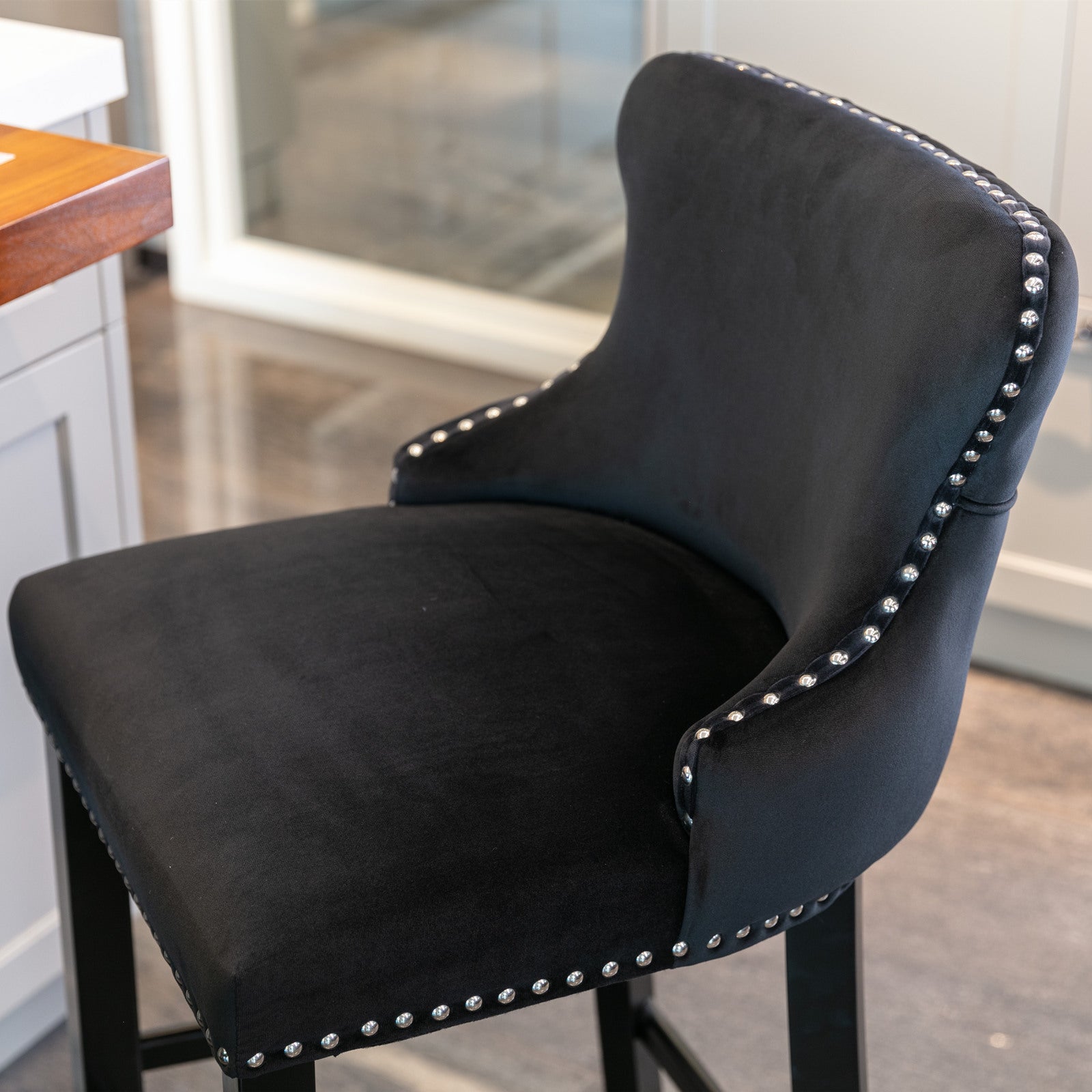 Contemporary Velvet Upholstered Wing Back Barstools With Button Tufted Decoration And Wooden Legs, And Chrome Trim, Leisure Style Bar Chairs,Bar Stools,Set Of 2 Black ,Sw1824Bk Black Foam Velvet