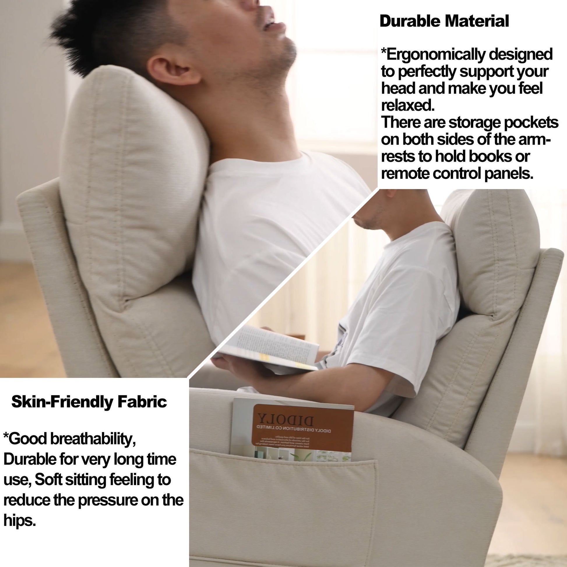 Video Welike 27.6"W Modern Accent High Backrest Living Room Lounge Arm Rocking Chair, Two Side Pocket W83453708 Beige Foam Fabric