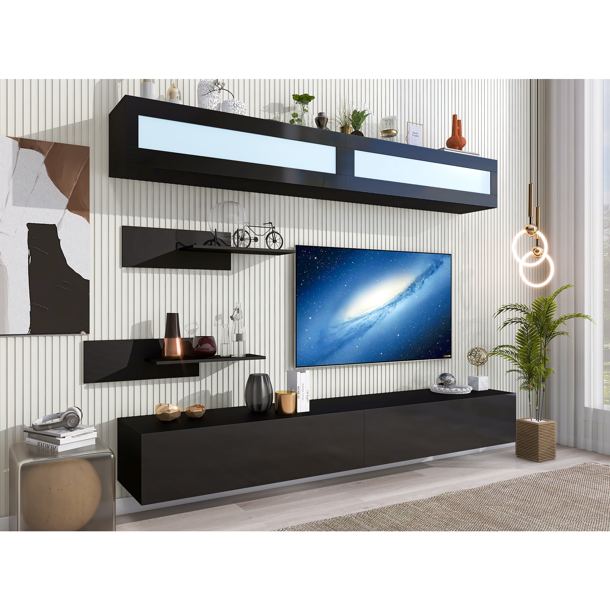 Wall Mount Floating Tv Stand With Four Media Storage Cabinets And Two Shelves, Modern High Gloss Entertainment Center For 95 Inch Tv, 16 Color Rgb Led Lights For Living Room, Bedroom, Black Black Particle Board