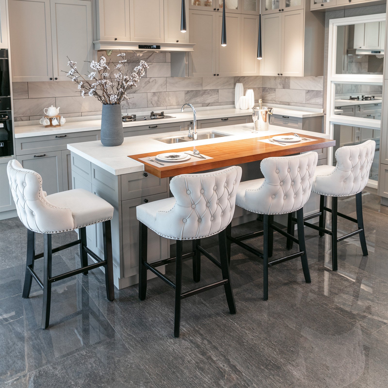 Contemporary Velvet Upholstered Wing Back Barstools With Button Tufted Decoration And Wooden Legs, And Chrome Trim, Leisure Style Bar Chairs,Bar Stools, Set Of 4 Beige ,Sw1824Bgx2 Cartons Beige Dining Room American Design Foam Velvet