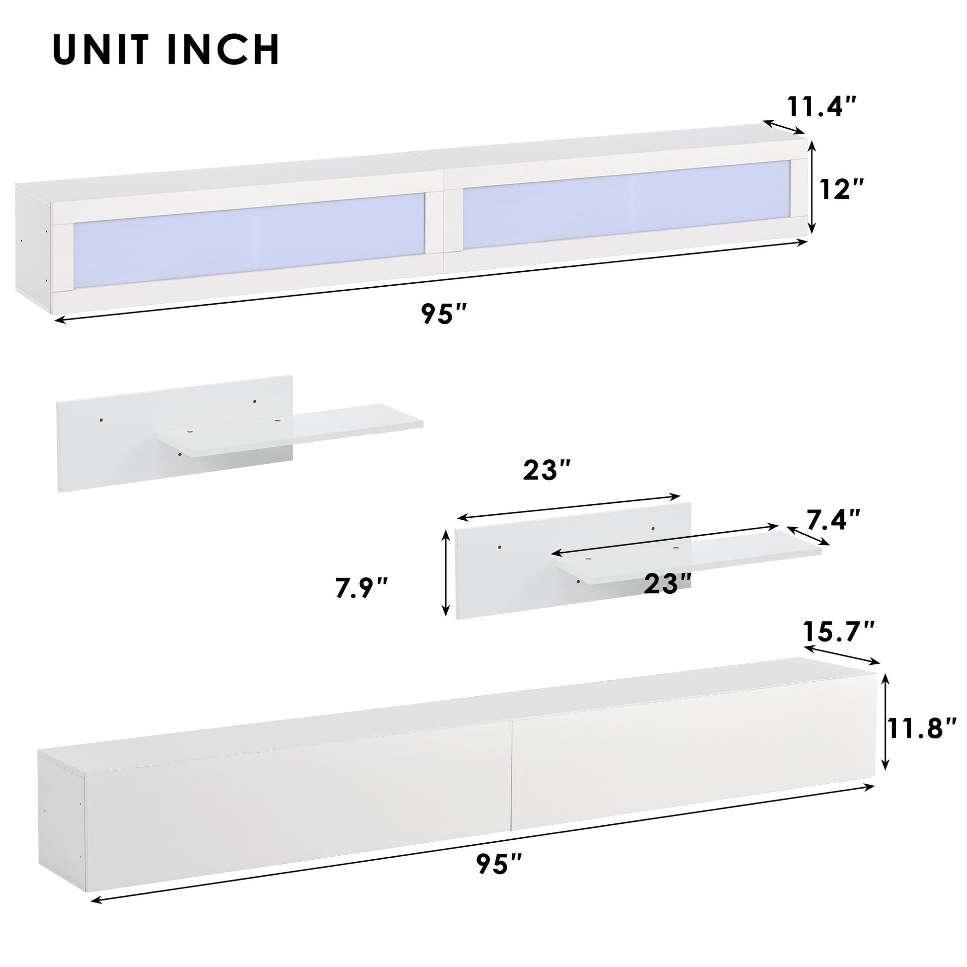 Wall Mount Floating Tv Stand With Four Storage Cabinets And Two Shelves, High Gloss Entertainment Center For 95 Inch Tv, 16 Color Rgb Led Lights For Living Room, White White 90 Inches Or Larger Particle Board