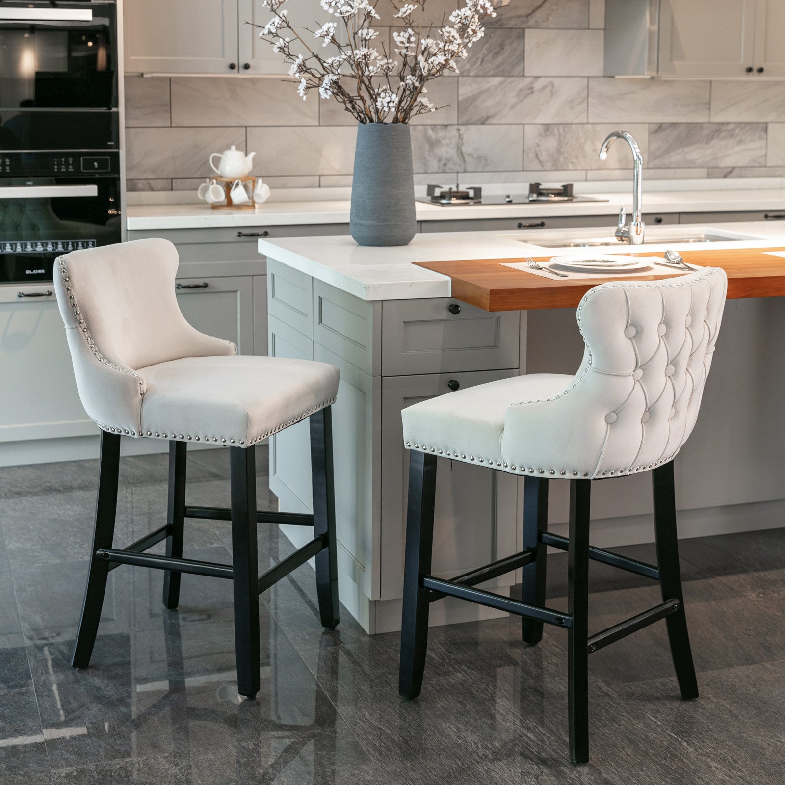 Contemporary Velvet Upholstered Wing Back Barstools With Button Tufted Decoration And Wooden Legs, And Chrome Trim, Leisure Style Bar Chairs,Bar Stools, Set Of 4 Beige ,Sw1824Bgx2 Cartons Beige Dining Room American Design Foam Velvet