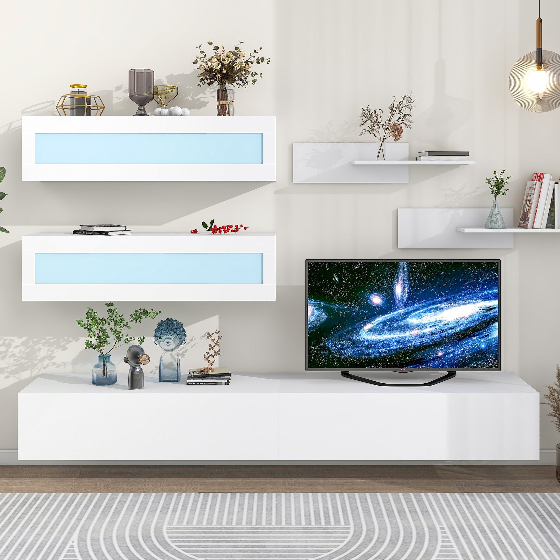 Wall Mount Floating Tv Stand With Four Storage Cabinets And Two Shelves, High Gloss Entertainment Center For 95 Inch Tv, 16 Color Rgb Led Lights For Living Room, White White 90 Inches Or Larger Particle Board