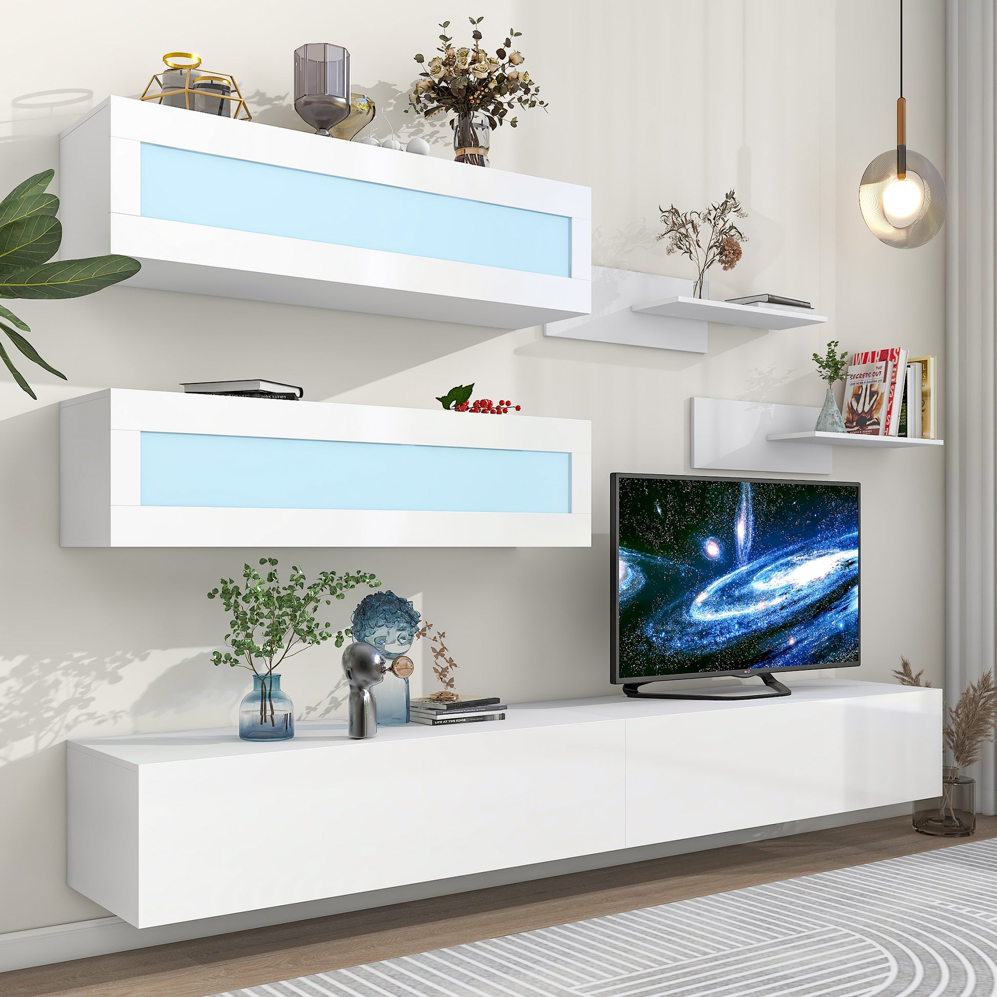 Wall Mount Floating Tv Stand With Four Storage Cabinets And Two Shelves, High Gloss Entertainment Center For 95 Inch Tv, 16 Color Rgb Led Lights For Living Room, White White 90 Inches Or Larger Particle Board