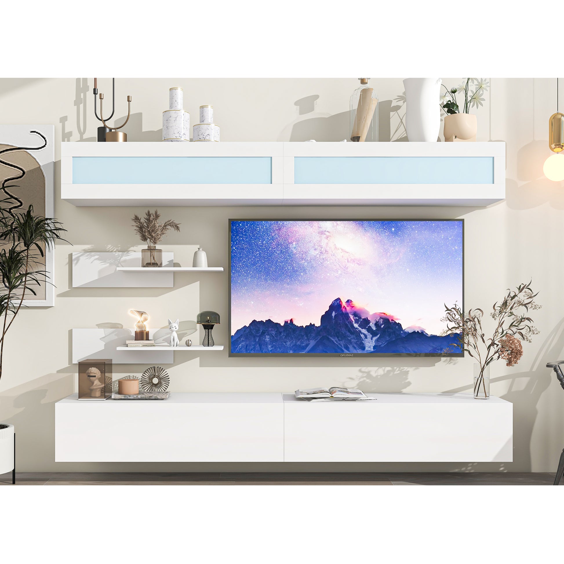 Wall Mount Floating Tv Stand With Four Storage Cabinets And Two Shelves, High Gloss Entertainment Center For 95 Inch Tv, 16 Color Rgb Led Lights For Living Room, White White 90 Inches Or Larger Particle Board