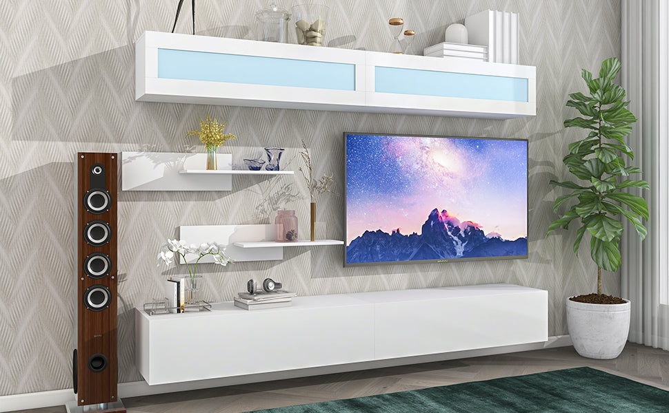 Wall Mount Floating Tv Stand With Four Storage Cabinets And Two Shelves, High Gloss Entertainment Center For 95 Inch Tv, 16 Color Rgb Led Lights For Living Room, White White 90 Inches Or Larger Particle Board