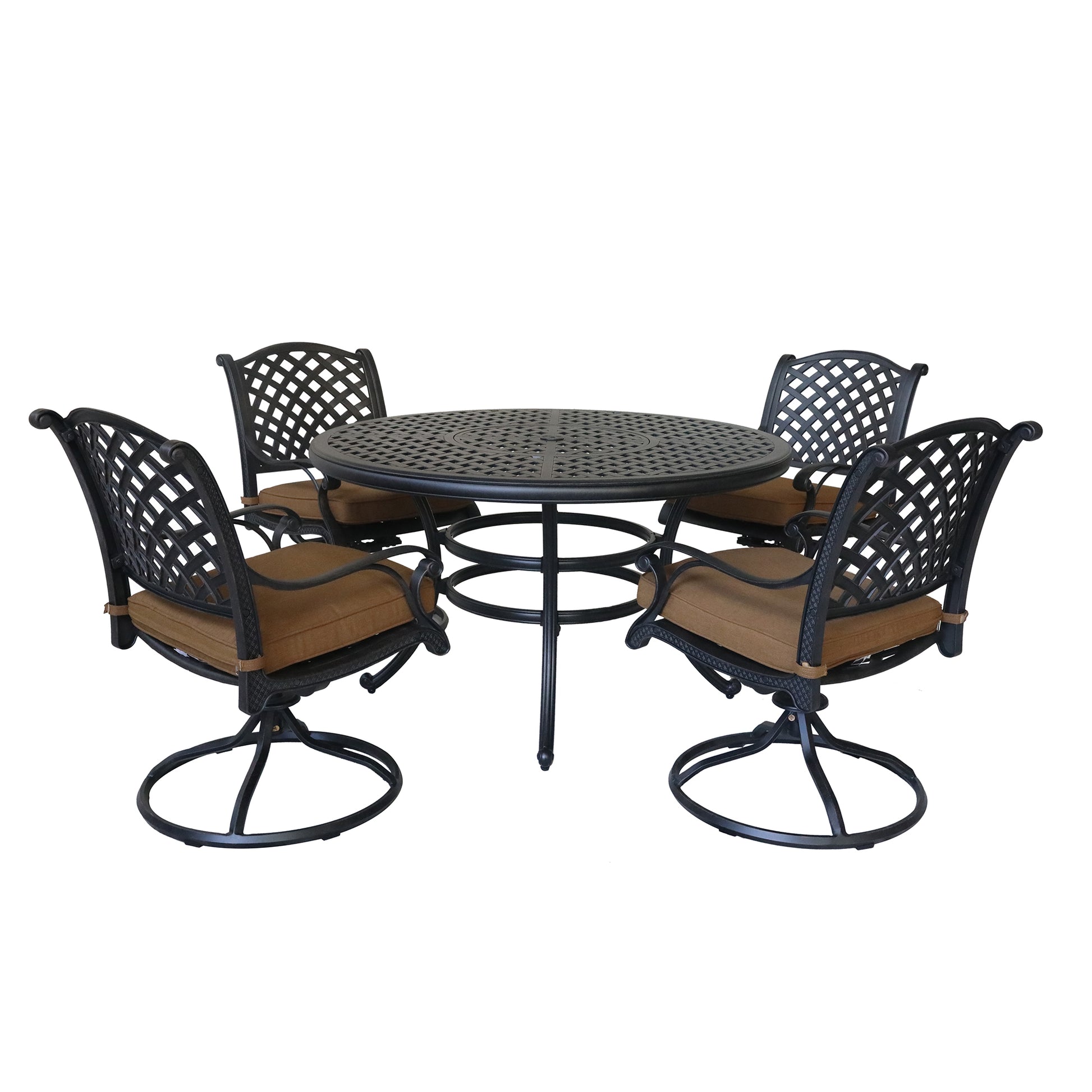 Round 4 Person 52" Long Dining Set With Cushions, Brown Antique Brown Polyester Aluminum