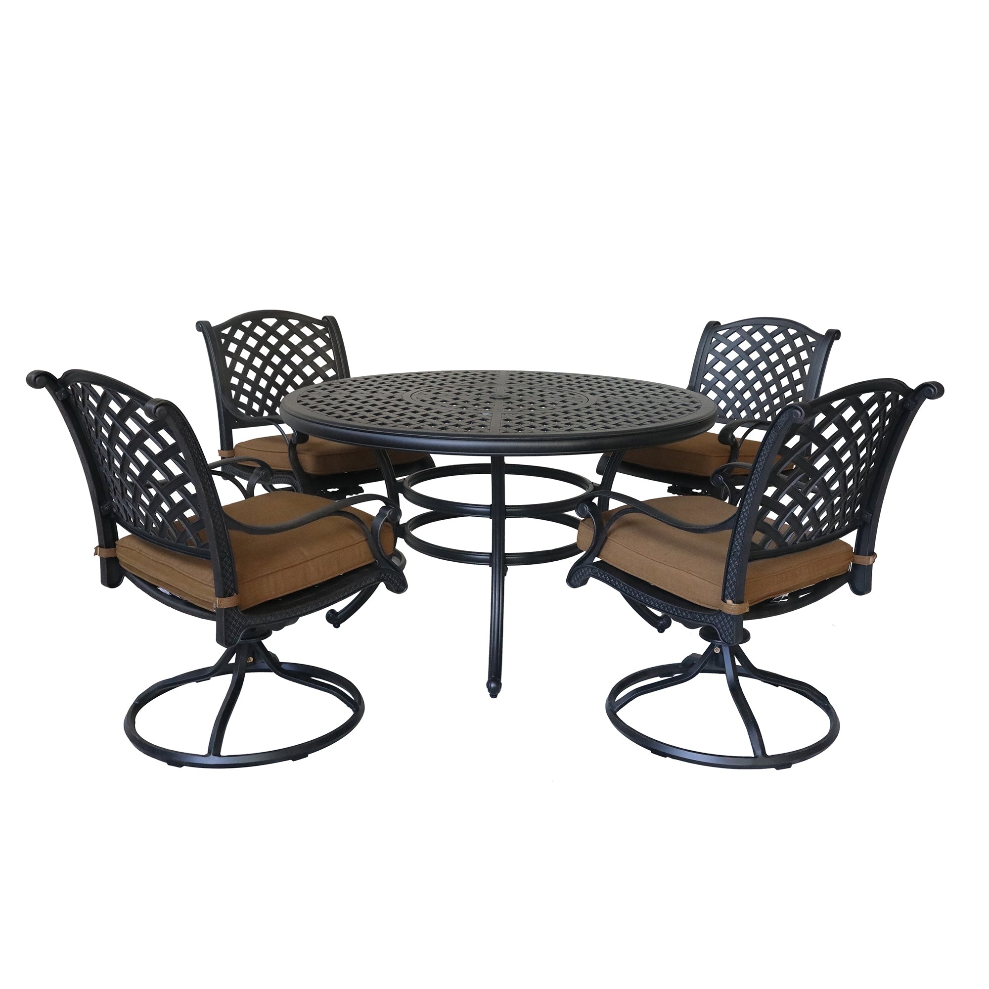 Round 4 Person 52" Long Dining Set with Cushions, antique brown-polyester-aluminum