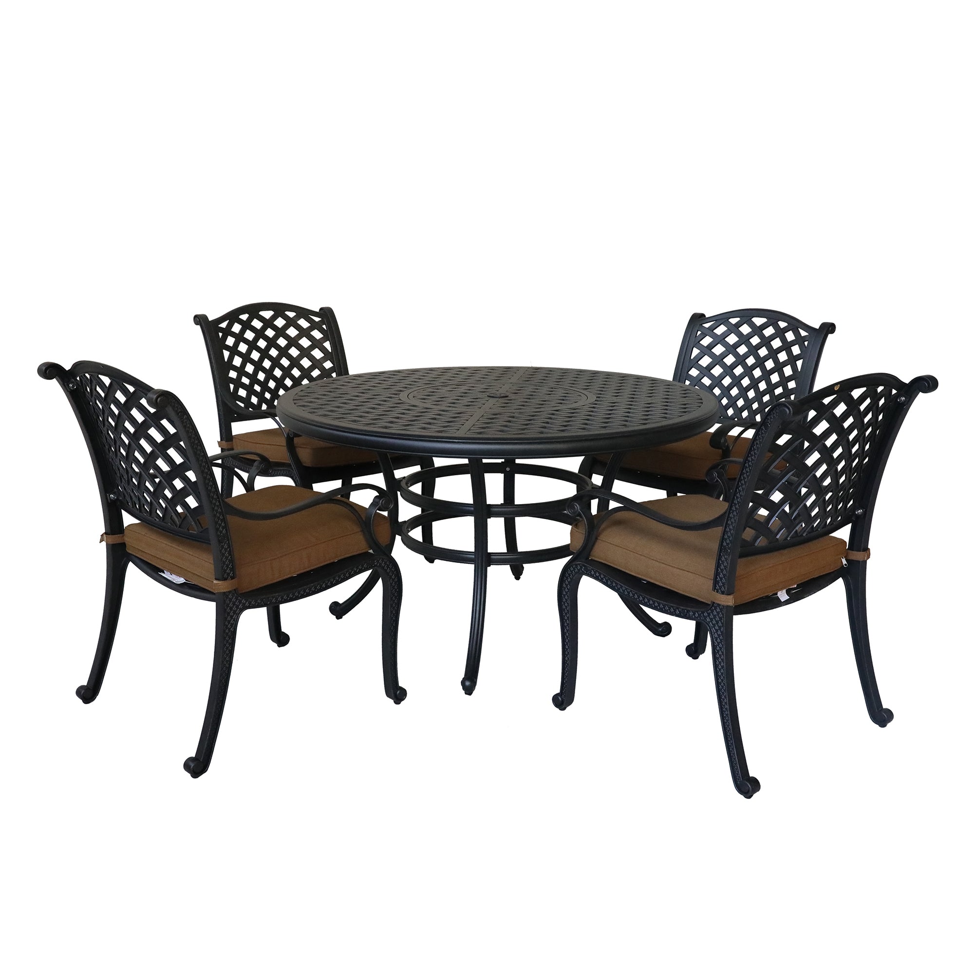 Round 4 Person 52" Long Dining Set with Cushions, antique brown-polyester-aluminum