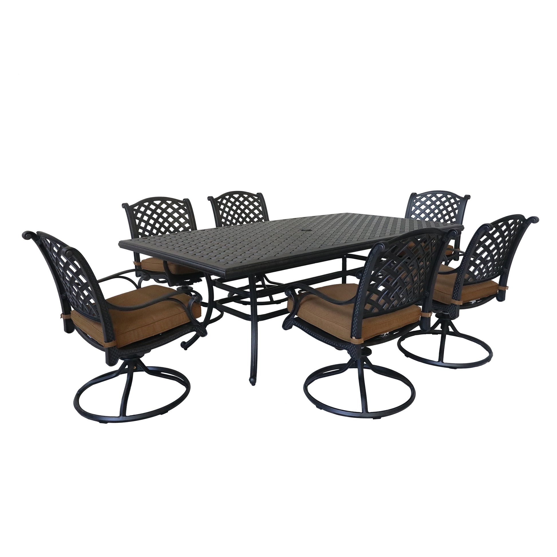 Rectangular 6 Person 85.83" Long Dining Set With Cushions, Brown Antique Brown Polyester Aluminum