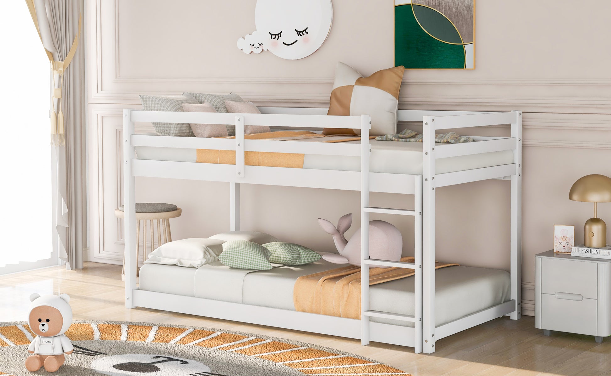 Twin Over Twin Floor Bunk Bed With Ladderwhite Old Sku:Wf281727Aak Wf286602Aak White Pine