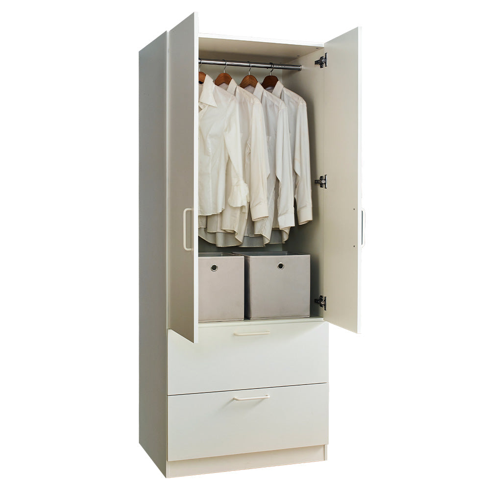 Emma Two Door Wood Closet With Two Drawers And Hanging Bars In White White Solid Wood