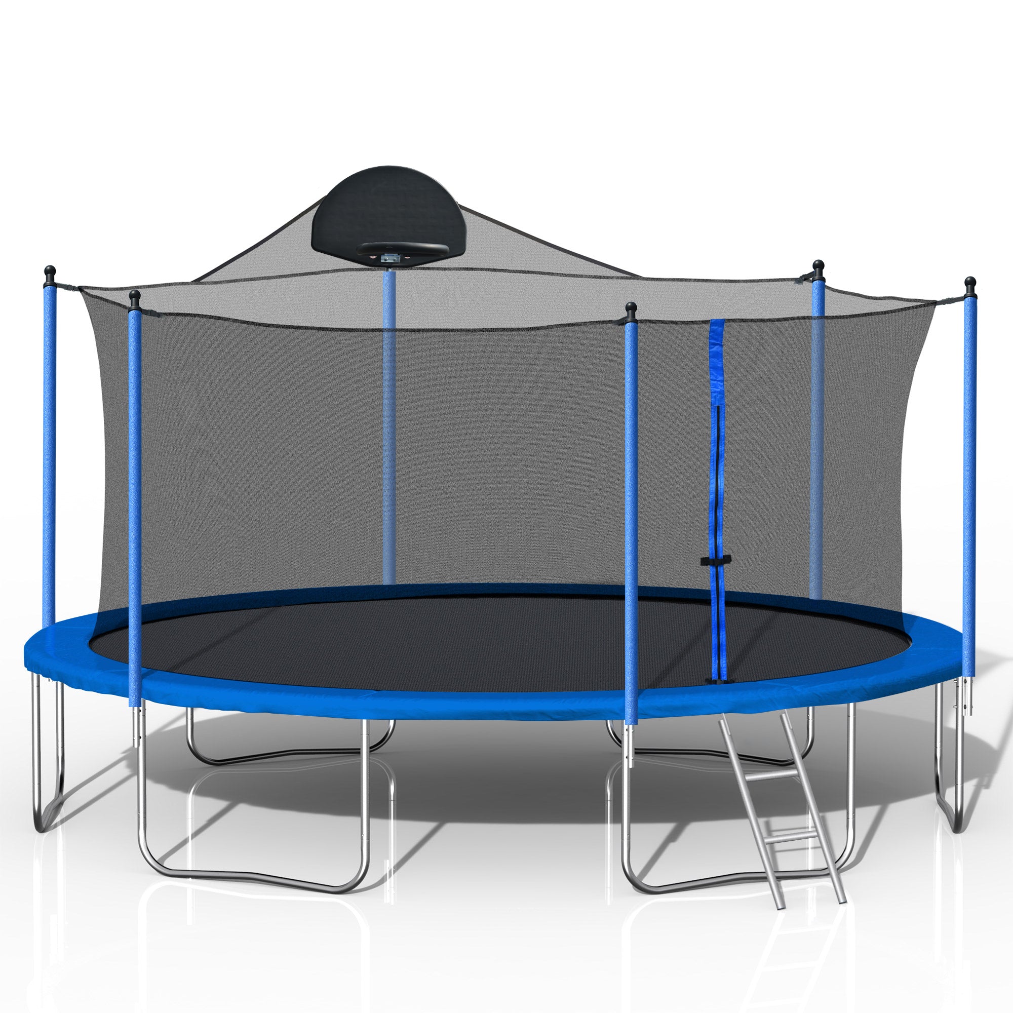 14Ft Trampoline For Adults & Kids With Basketball Hoop, Outdoor Trampolines W Ladder And Safety Enclosure Net For Kids And Adults Blue Metal