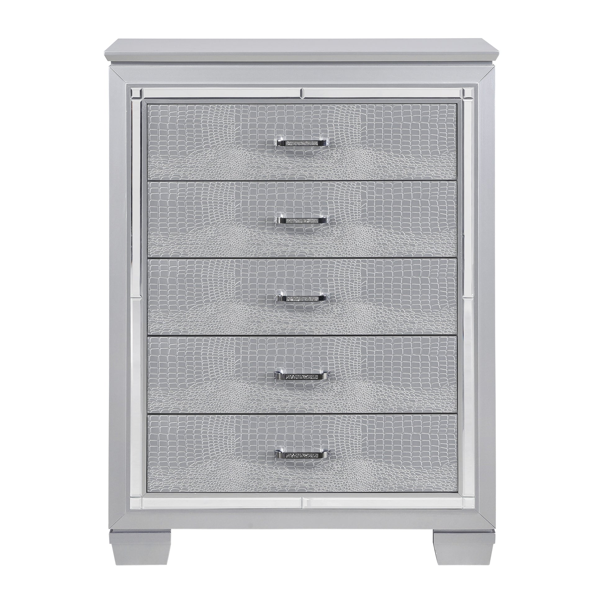 Glamourous Silver Finish 1Pc Chest Of 5X Dovetail Drawers Faux Alligator Embossed Fronts Bedroom Furniture Silver Bedroom Glam,Modern Wood