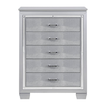 Glamourous Silver Finish 1Pc Chest Of 5X Dovetail Drawers Faux Alligator Embossed Fronts Bedroom Furniture Silver Bedroom Glam,Modern Wood