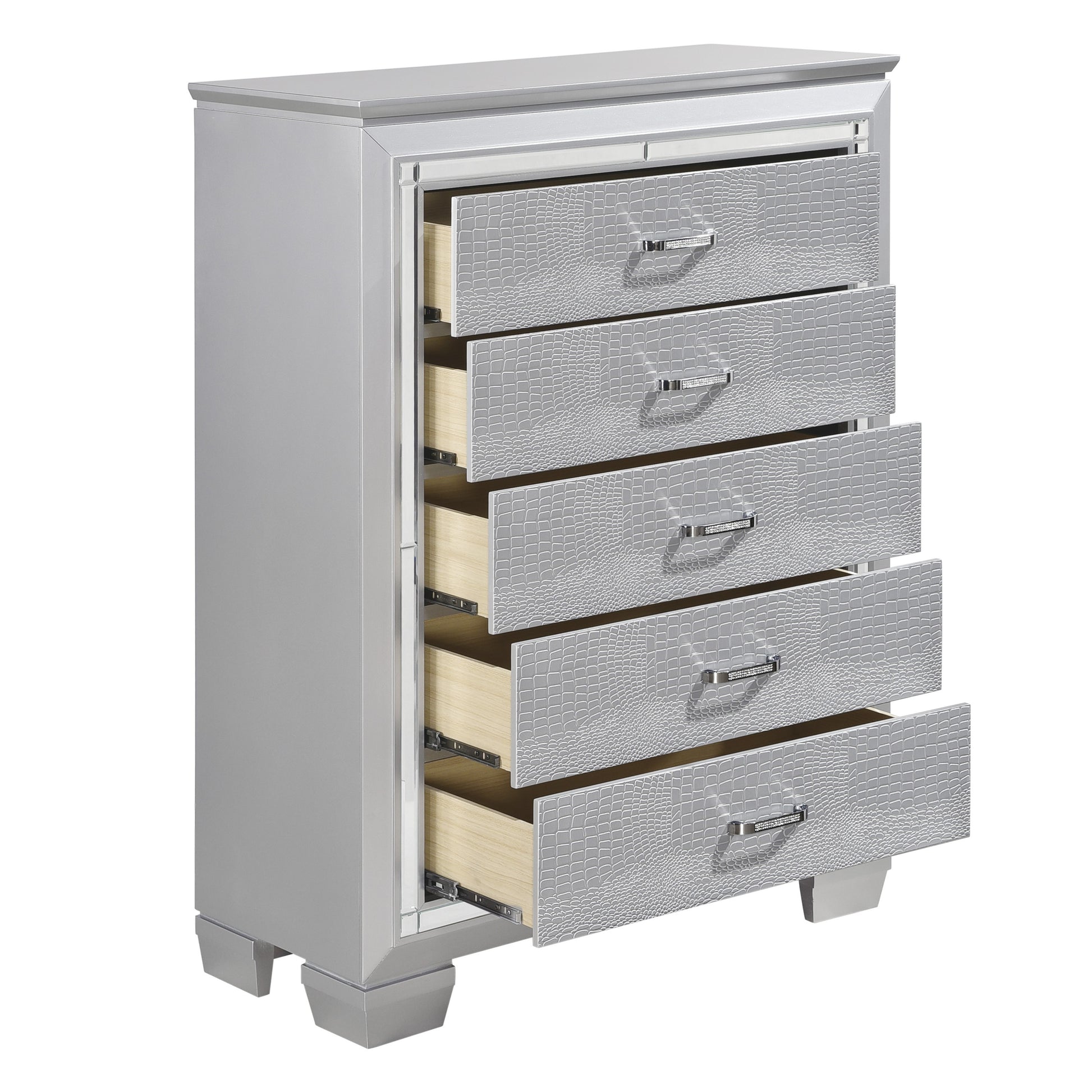 Glamourous Silver Finish 1Pc Chest Of 5X Dovetail Drawers Faux Alligator Embossed Fronts Bedroom Furniture Silver Bedroom Glam,Modern Wood