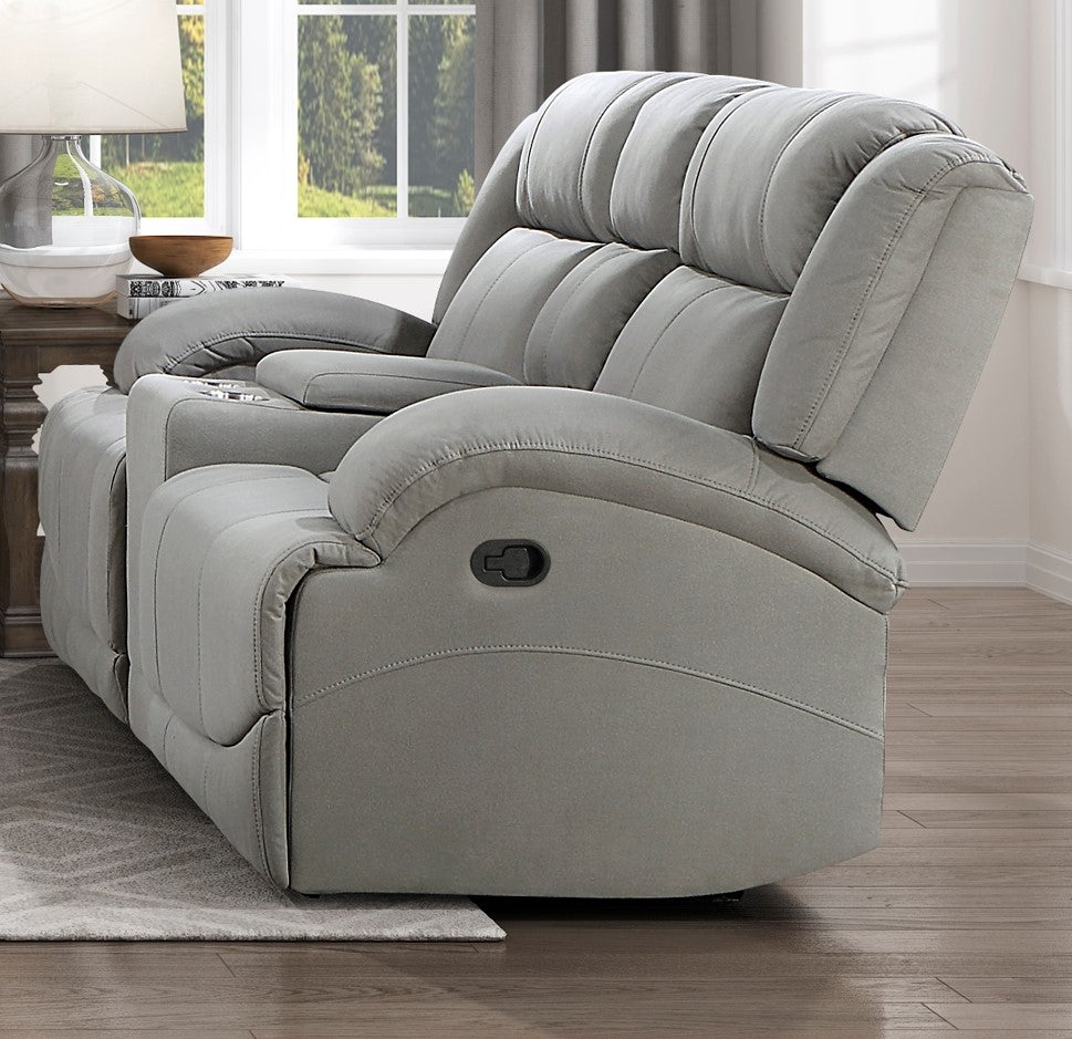 Attractive Gray Color Microfiber Upholstered 1Pc Double Reclining Loveseat With Center Console Transitional Living Room Gray Primary Living Space Transitional Microfiber