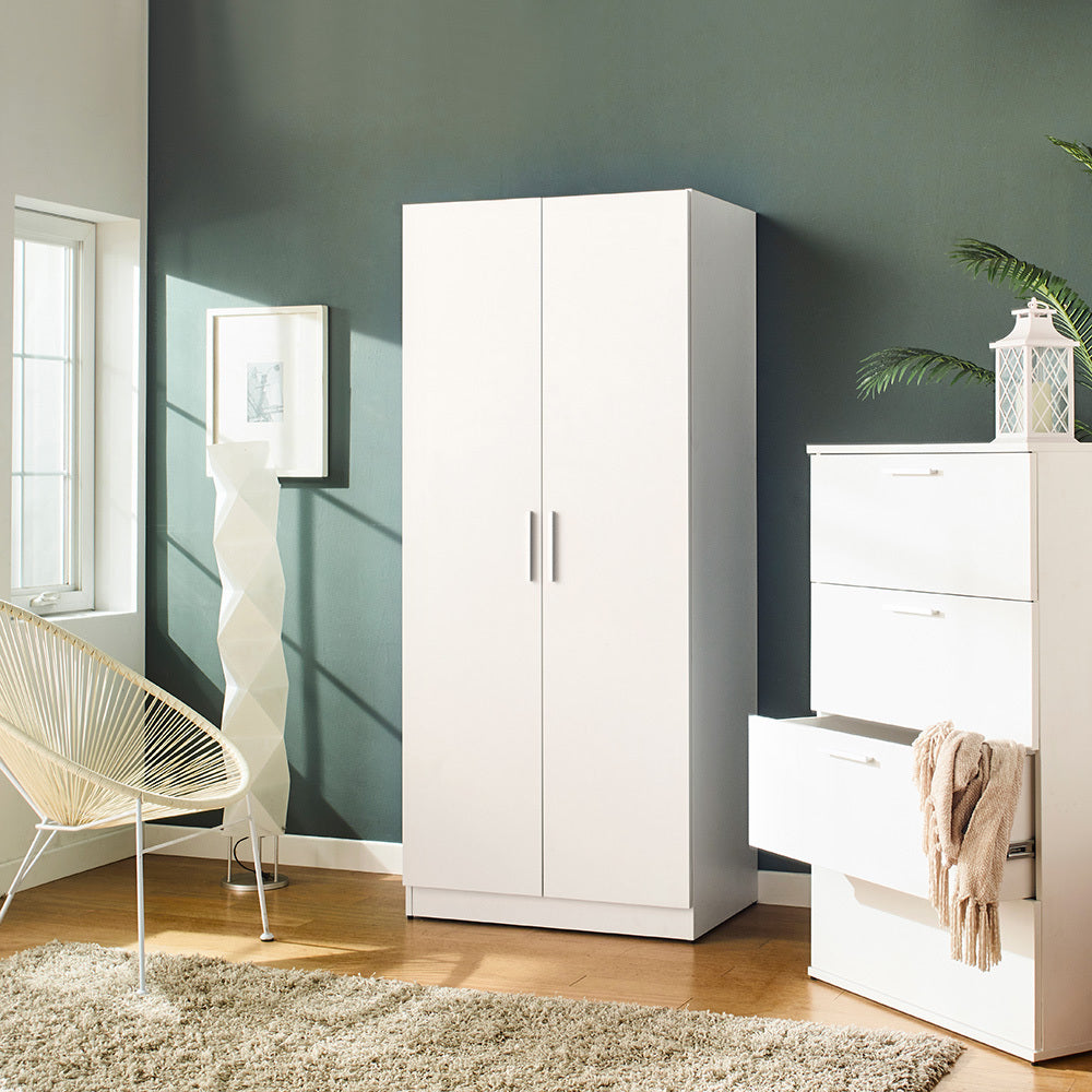 Viviane Contemporary Wood Closet With Hanging Bars And Five Shelves In White White Solid Wood