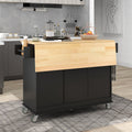 Rolling Mobile Kitchen Island With Solid Wood Top And Locking Wheels,52.7 Inch Width,Storage Cabinet And Drop Leaf Breakfast Bar,Spice Rack, Towel Rack & Drawer Black Black Mdf