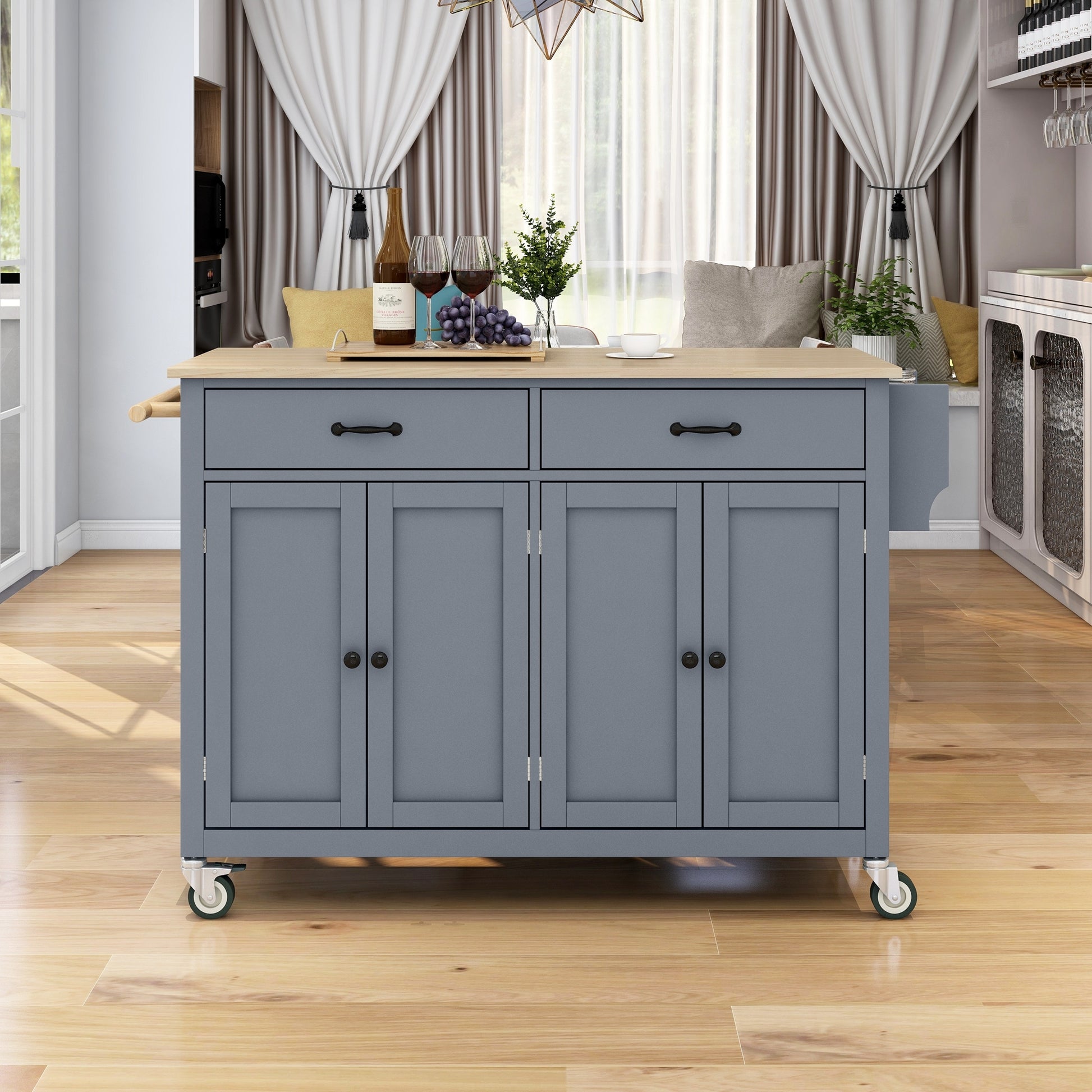 Kitchen Island Cart with Solid Wood Top and Locking blue-mdf