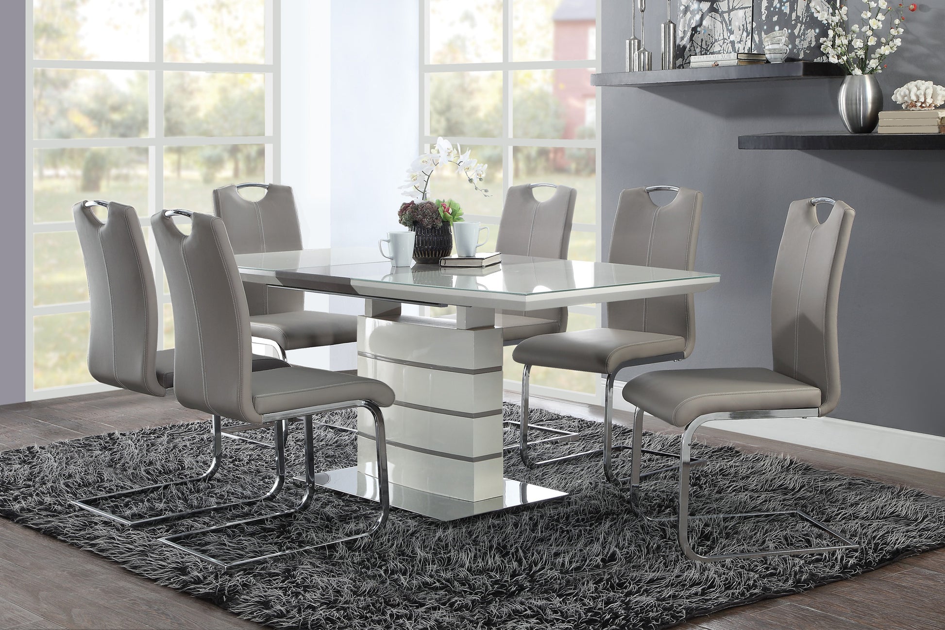Contemporary Style Dining Table 1Pc With Self Storing Extension Leaf Bright High Gloss White And Gray Taupe Finish Off White Seats 6 Dining Room Contemporary Metal & Wood