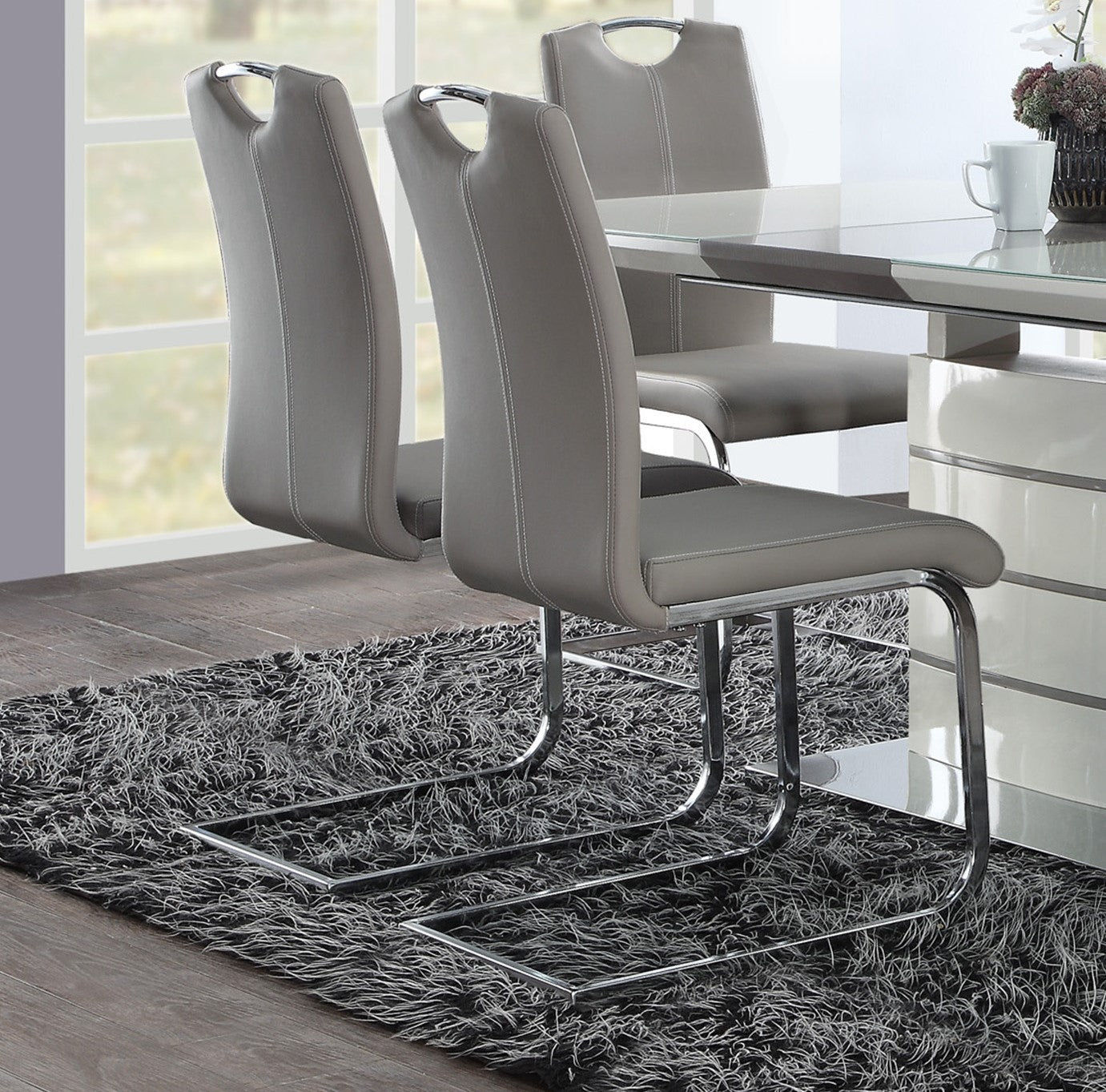 Unique Style Chrome Metal Finish Side Chairs 2Pc Set Gray Taupe Faux Leather Upholstered Casual Dining Furniture Gray Dining Room Contemporary,Ultra Modern Metal