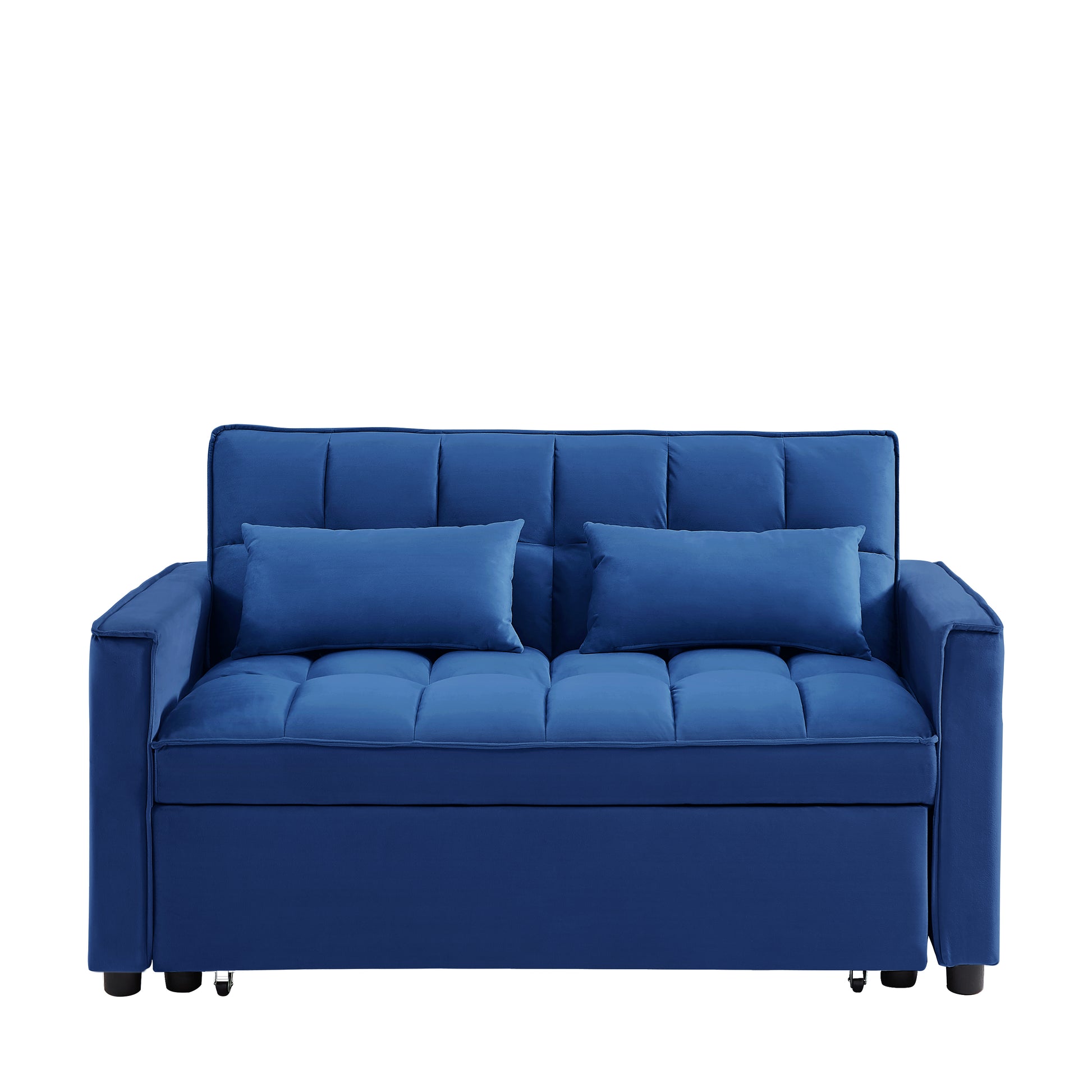 Modern Velvet Convertible Loveseat Sleeper Sofa Couch With Adjustable Backrest, 2 Seater Sofa With Pull Out Bed With 2 Lumbar Pillows For Small Living Room & Apartment Blue Foam Velvet