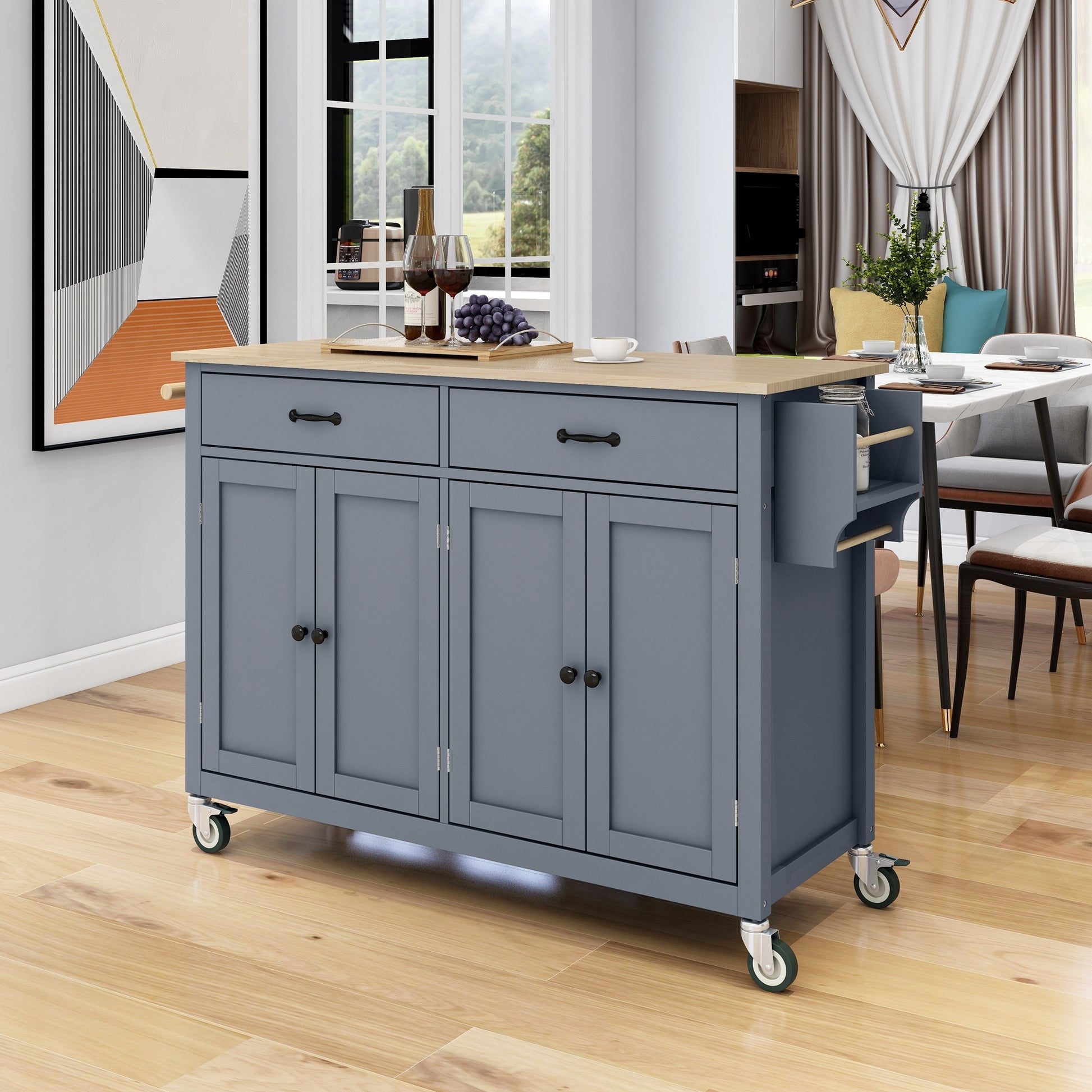 Kitchen Island Cart with Solid Wood Top and Locking blue-mdf