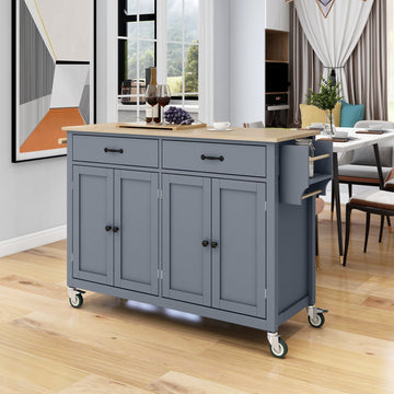 Kitchen Island Cart With Solid Wood Top And Locking Wheels,54.3 Inch Width,4 Door Cabinet And Two Drawers,Spice Rack, Towel Rack Grey Blue Blue Mdf