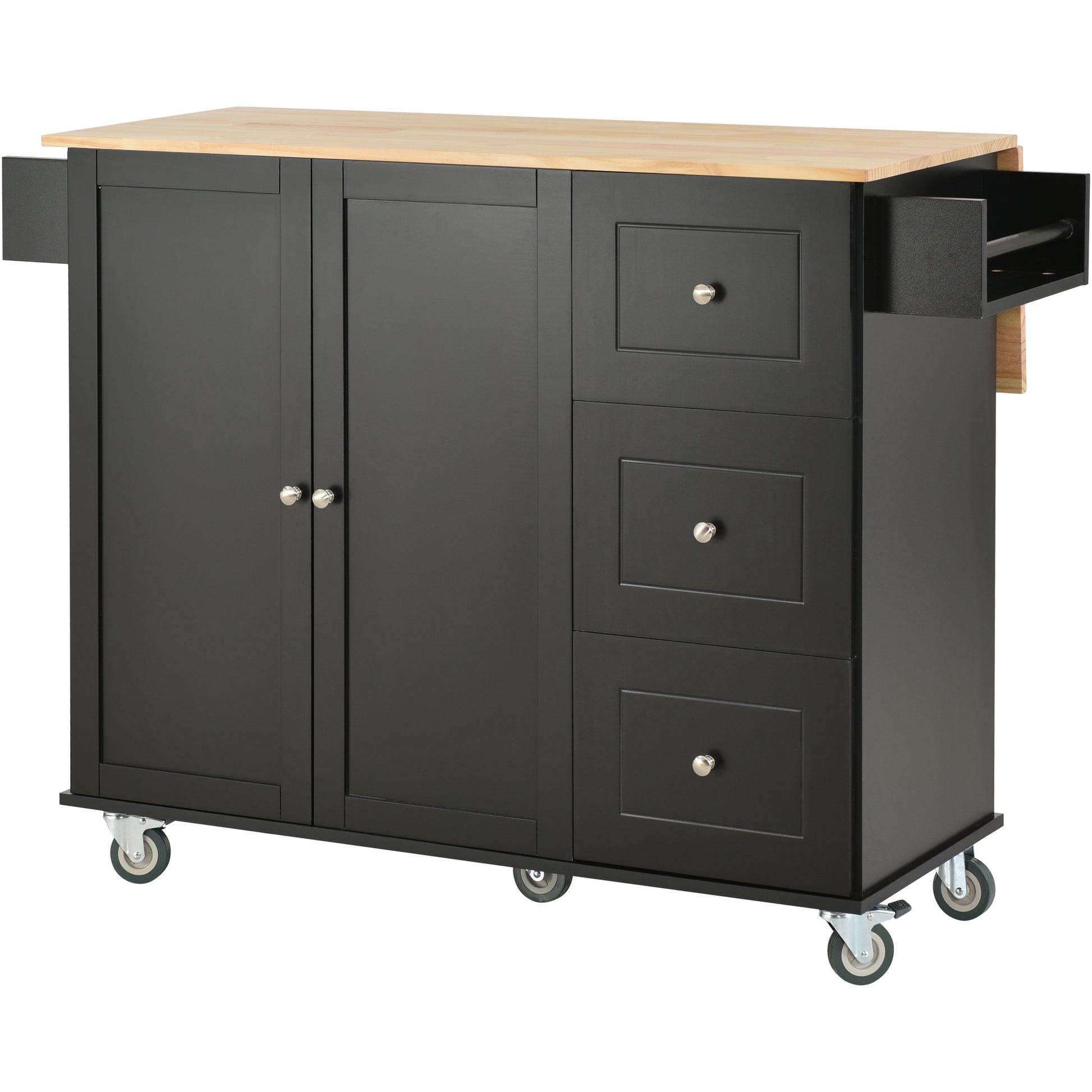 Rolling Mobile Kitchen Island With Solid Wood Top And Locking Wheels,52.7 Inch Width,Storage Cabinet And Drop Leaf Breakfast Bar,Spice Rack, Towel Rack & Drawer Black Black Mdf