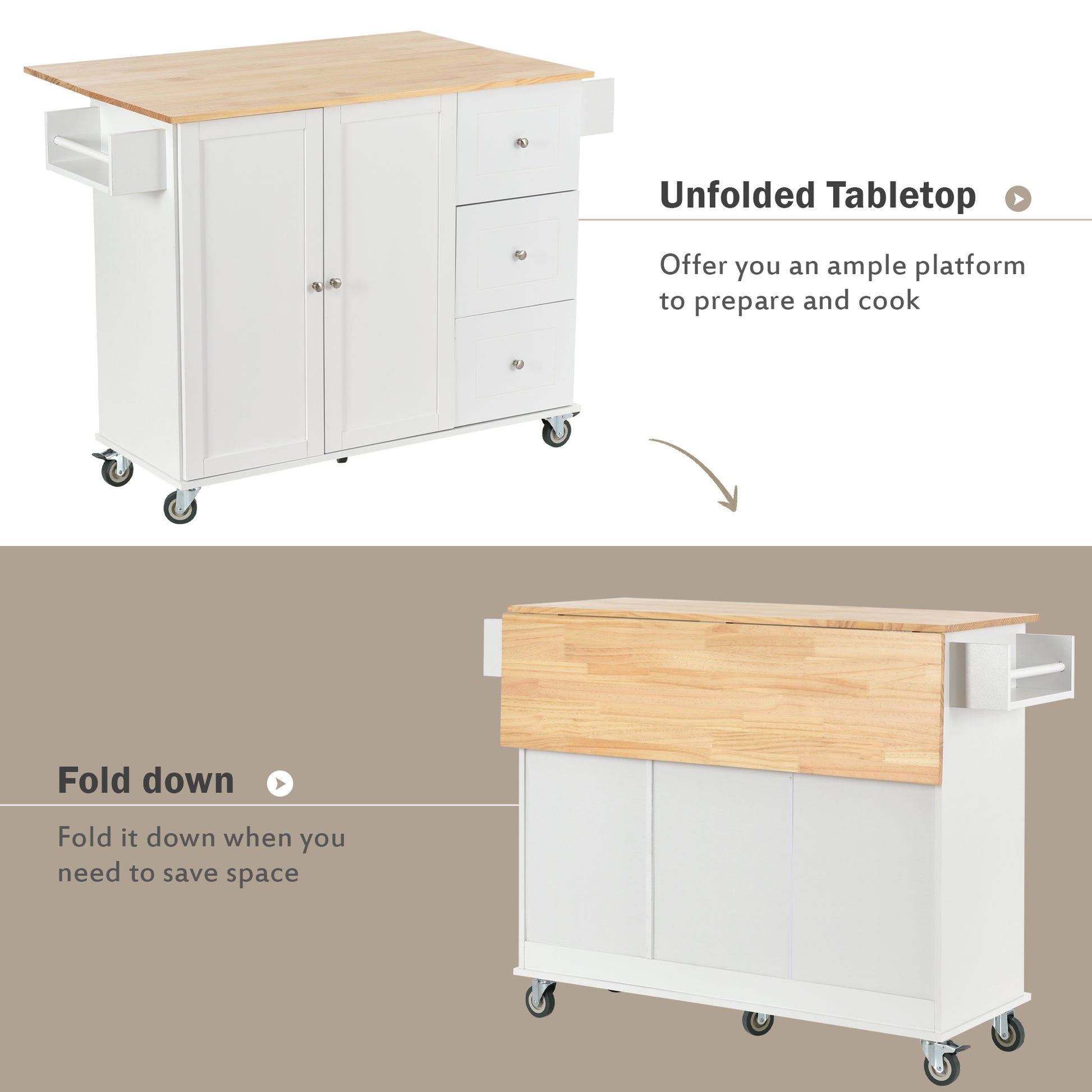 Rolling Mobile Kitchen Island with Solid Wood Top and white-mdf