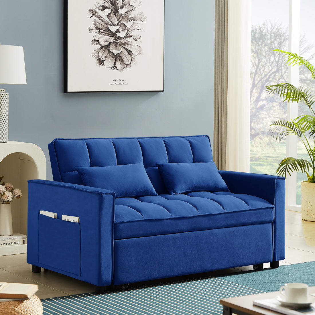 Modern Velvet Convertible Loveseat Sleeper Sofa Couch With Adjustable Backrest, 2 Seater Sofa With Pull Out Bed With 2 Lumbar Pillows For Small Living Room & Apartment Blue Foam Velvet