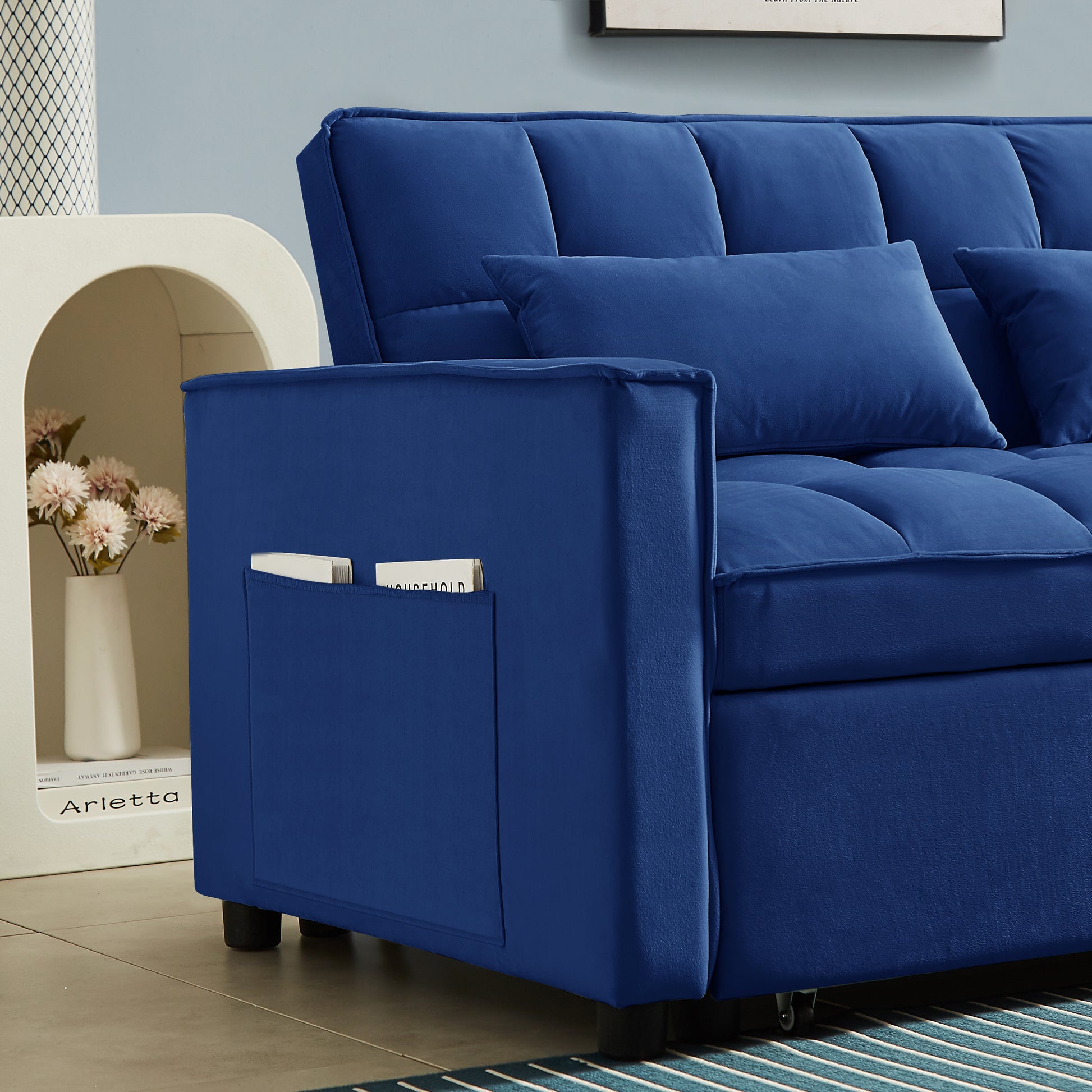 Modern Velvet Convertible Loveseat Sleeper Sofa Couch With Adjustable Backrest, 2 Seater Sofa With Pull Out Bed With 2 Lumbar Pillows For Small Living Room & Apartment Blue Foam Velvet