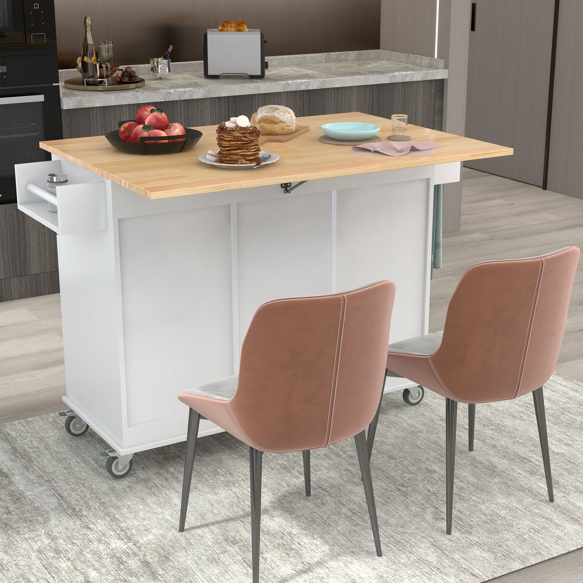 Rolling Mobile Kitchen Island with Solid Wood Top and white-mdf