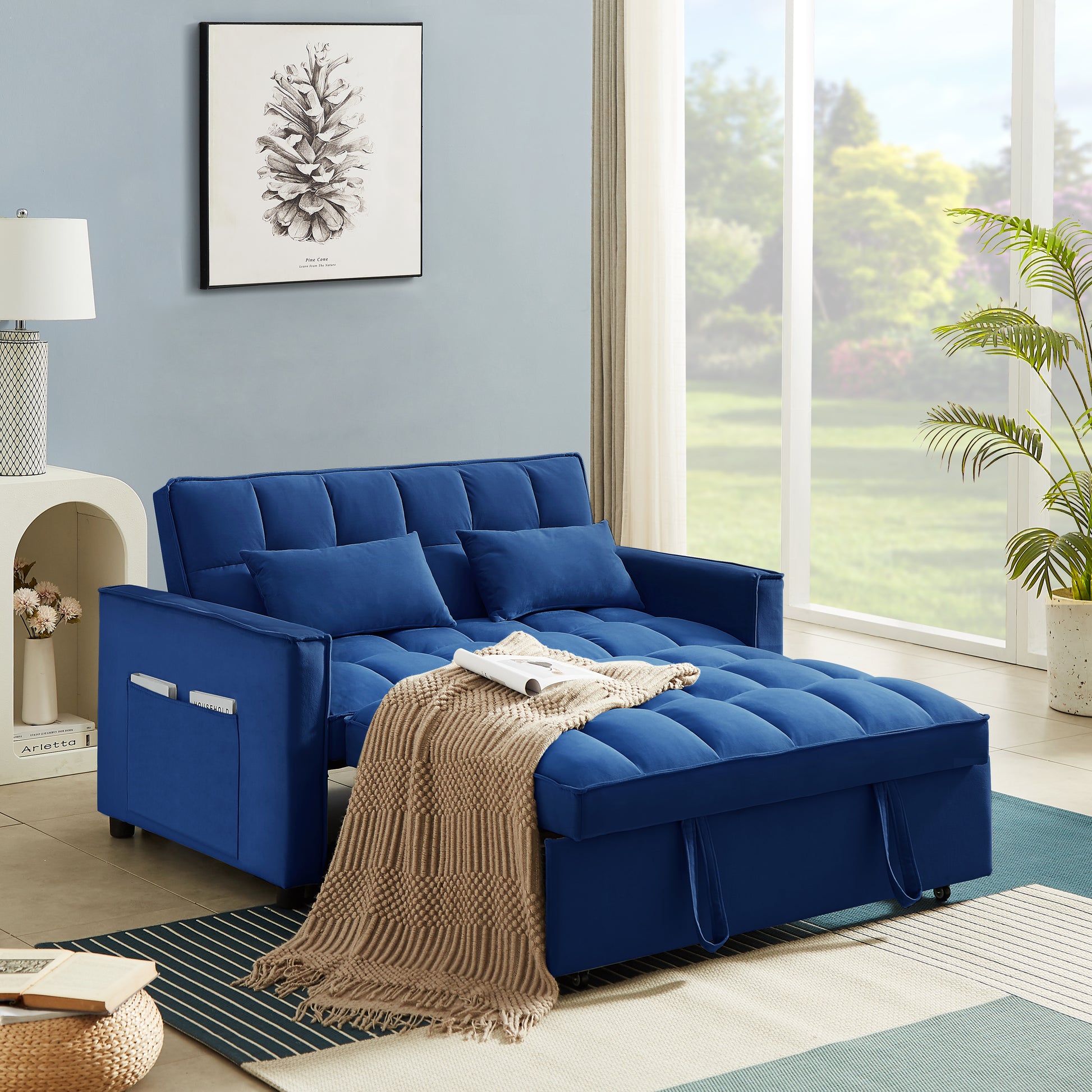 Modern Velvet Convertible Loveseat Sleeper Sofa Couch With Adjustable Backrest, 2 Seater Sofa With Pull Out Bed With 2 Lumbar Pillows For Small Living Room & Apartment Blue Foam Velvet