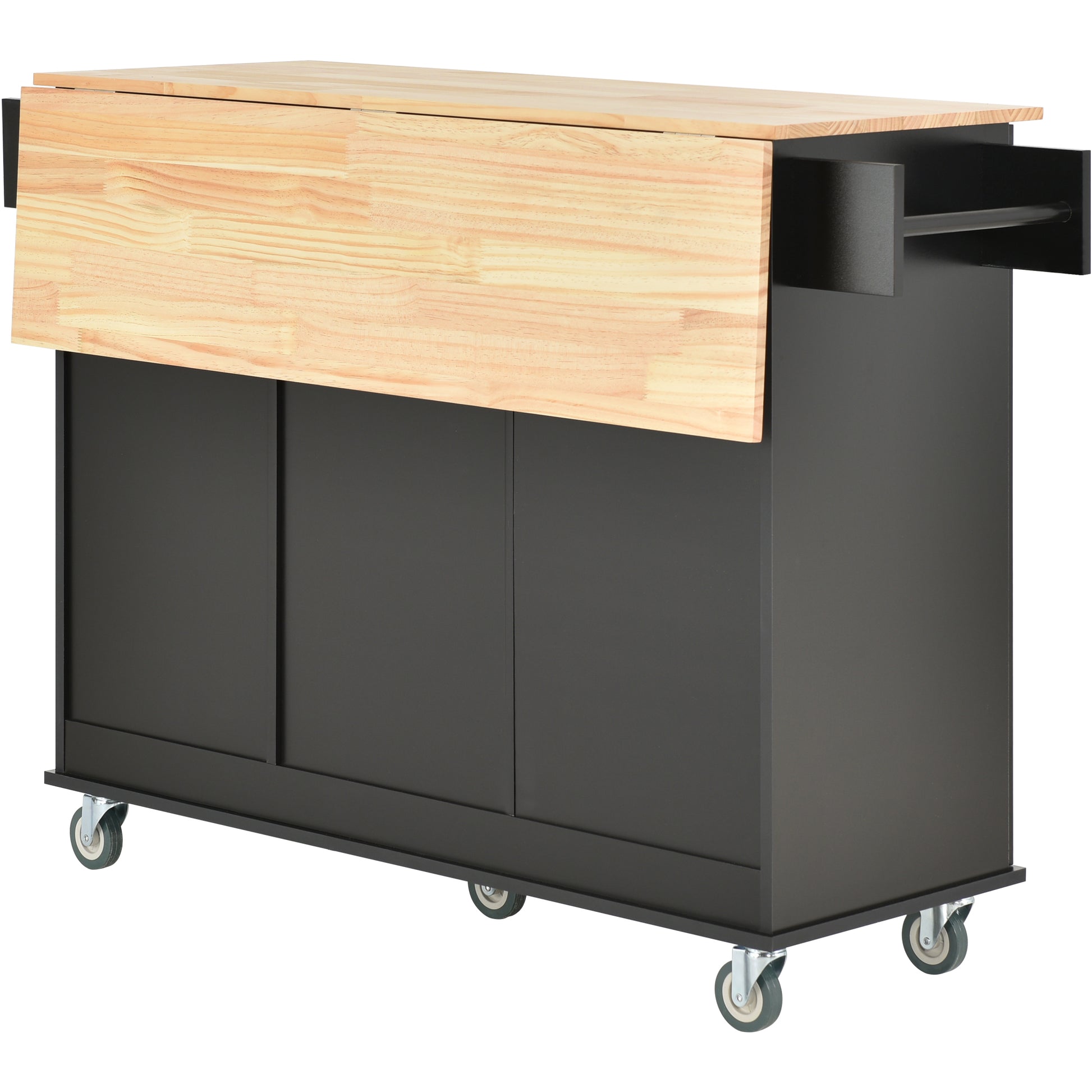 Rolling Mobile Kitchen Island With Solid Wood Top And Locking Wheels,52.7 Inch Width,Storage Cabinet And Drop Leaf Breakfast Bar,Spice Rack, Towel Rack & Drawer Black Black Mdf