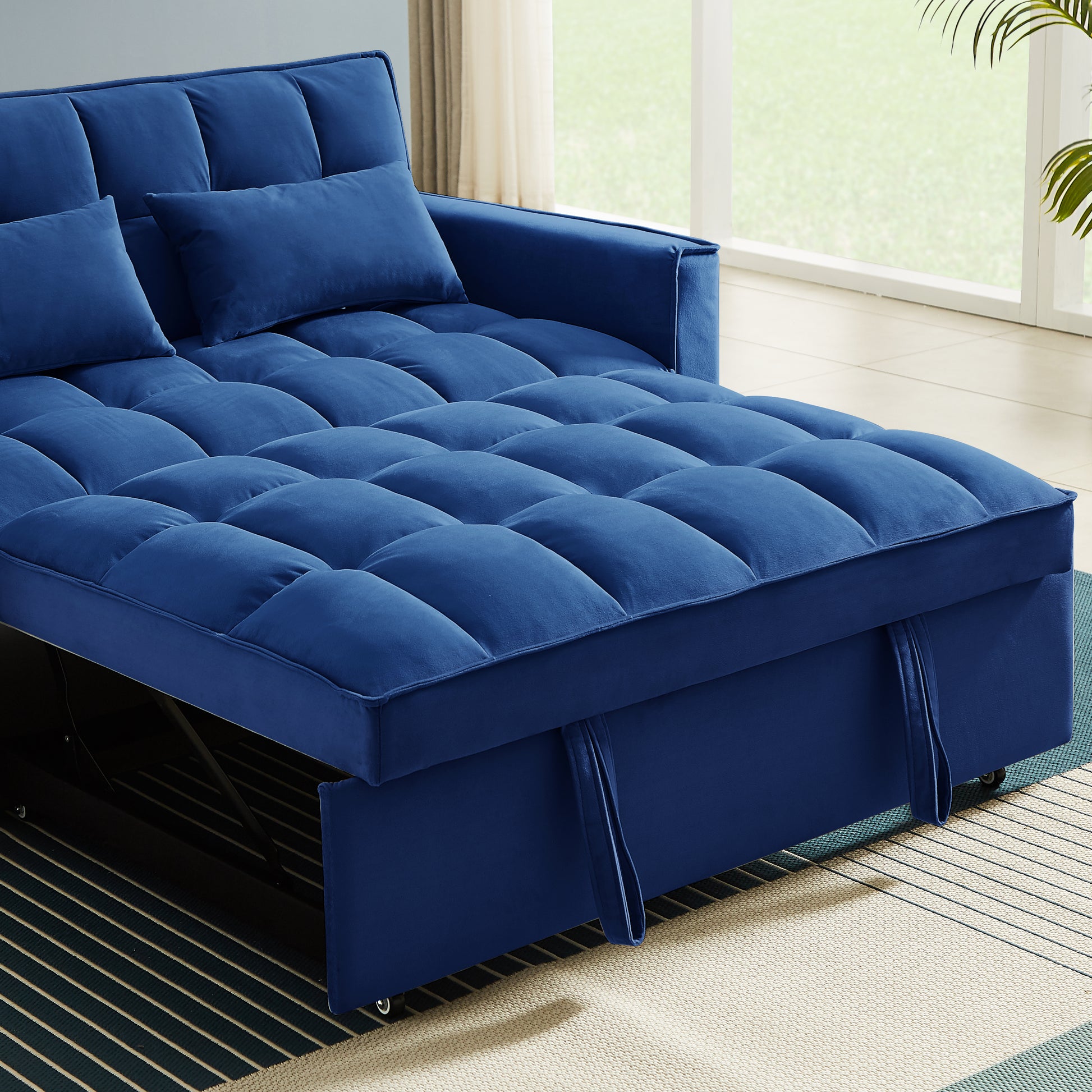 Modern Velvet Convertible Loveseat Sleeper Sofa Couch With Adjustable Backrest, 2 Seater Sofa With Pull Out Bed With 2 Lumbar Pillows For Small Living Room & Apartment Blue Foam Velvet