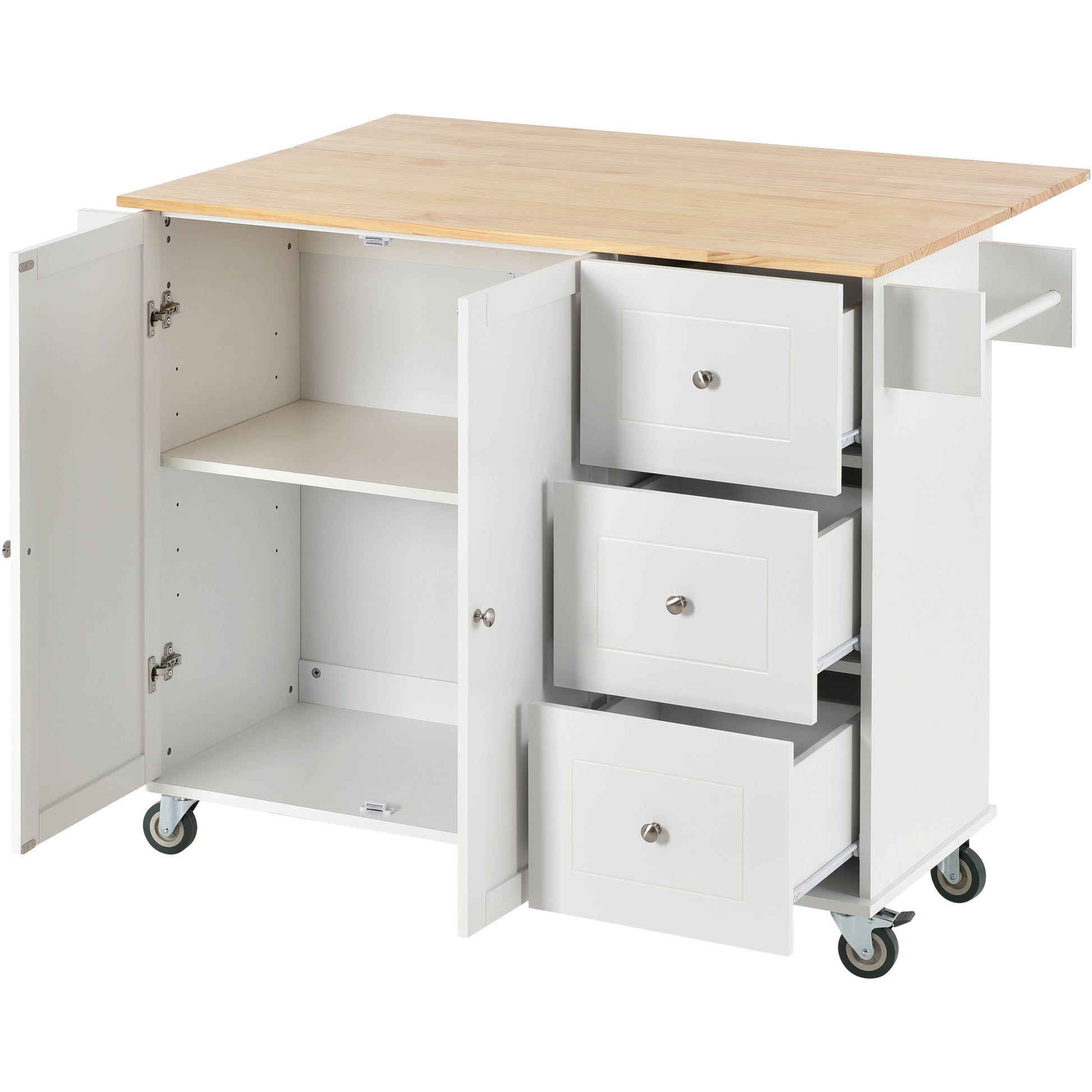 Rolling Mobile Kitchen Island with Solid Wood Top and white-mdf