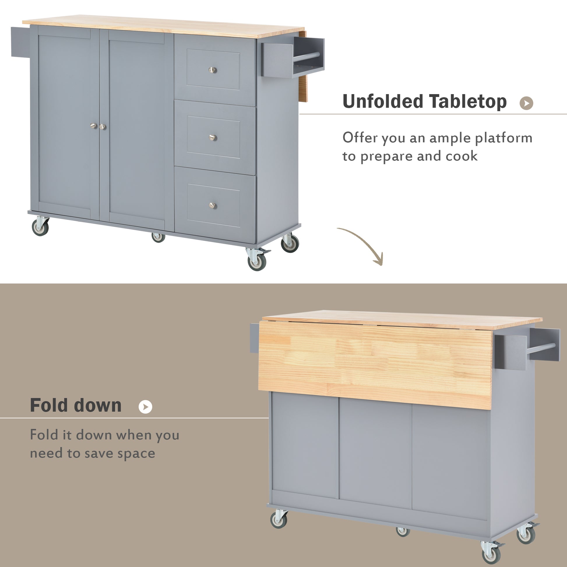 Rolling Mobile Kitchen Island With Solid Wood Top And Locking Wheels,52.7 Inch Width,Storage Cabinet And Drop Leaf Breakfast Bar,Spice Rack, Towel Rack & Drawer Grey Blue Blue Grey Mdf