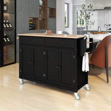 Kitchen Island Cart With Solid Wood Top And Locking Wheels,54.3 Inch Width,4 Door Cabinet And Two Drawers,Spice Rack, Towel Rack Black Black Mdf