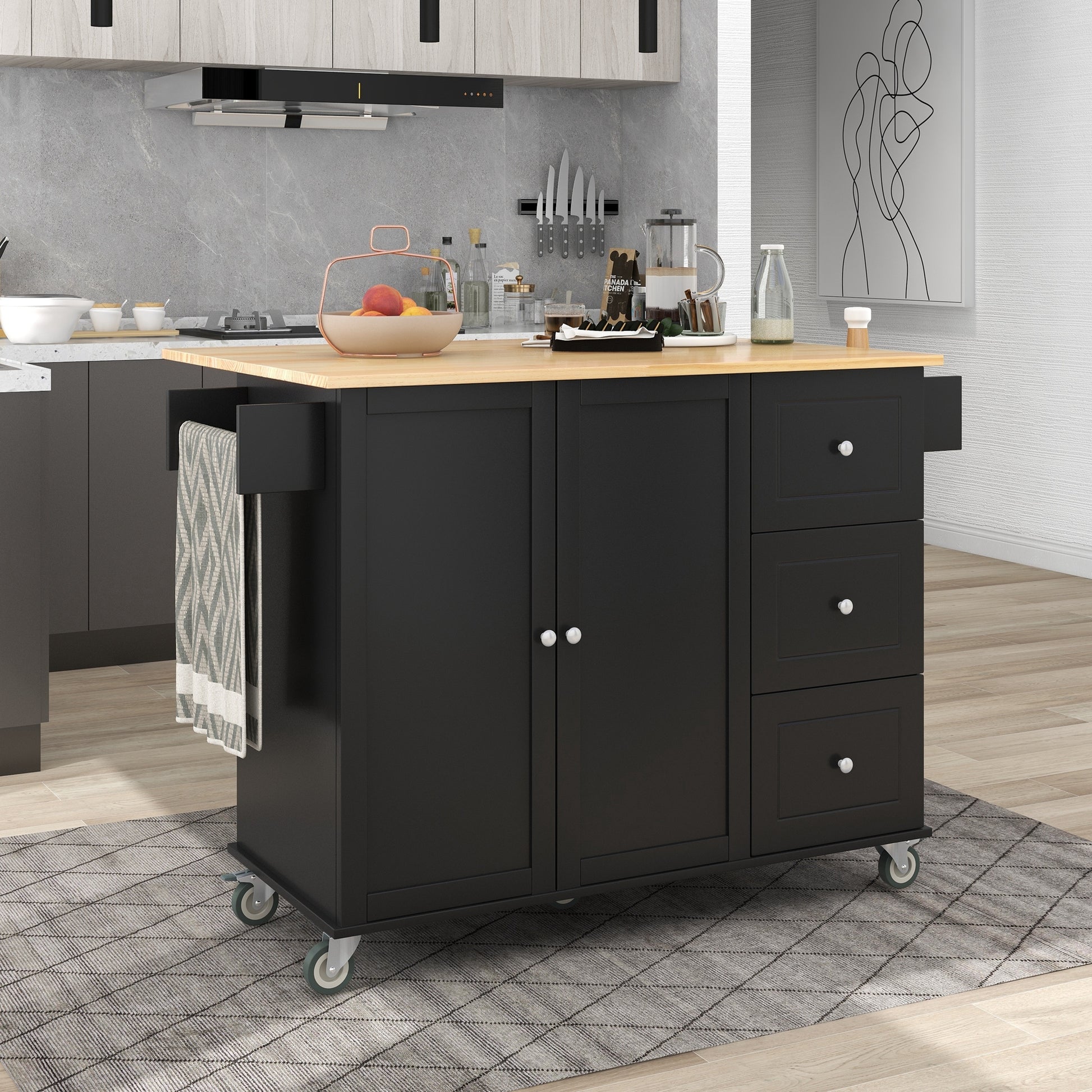 Rolling Mobile Kitchen Island With Solid Wood Top And Locking Wheels,52.7 Inch Width,Storage Cabinet And Drop Leaf Breakfast Bar,Spice Rack, Towel Rack & Drawer Black Black Mdf