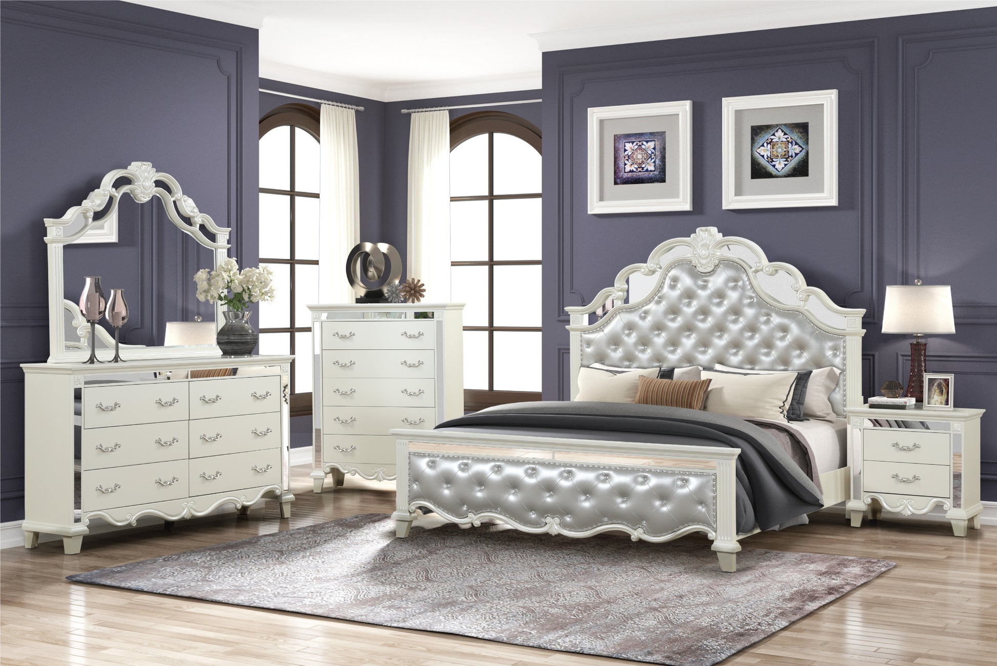 Milan Queen 5 Pc Bedroom Set In White Box Spring Required Queen White Wood 5 Piece Set Bedroom Bed Included,Chest Included,Dresser Included,Mirror Included,Nightstand Included Contemporary,Modern Upholstered Tufted Wood