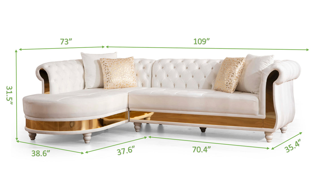 Julia Gold Detailed Tufted Upholstery Sectional Made With Wood In Off White Beige Velvet Wood Primary Living Space Soft Cushion Back Contemporary,Modern L Shaped Rolled Arms Solid Wood Mdf Velvet 6 Seat