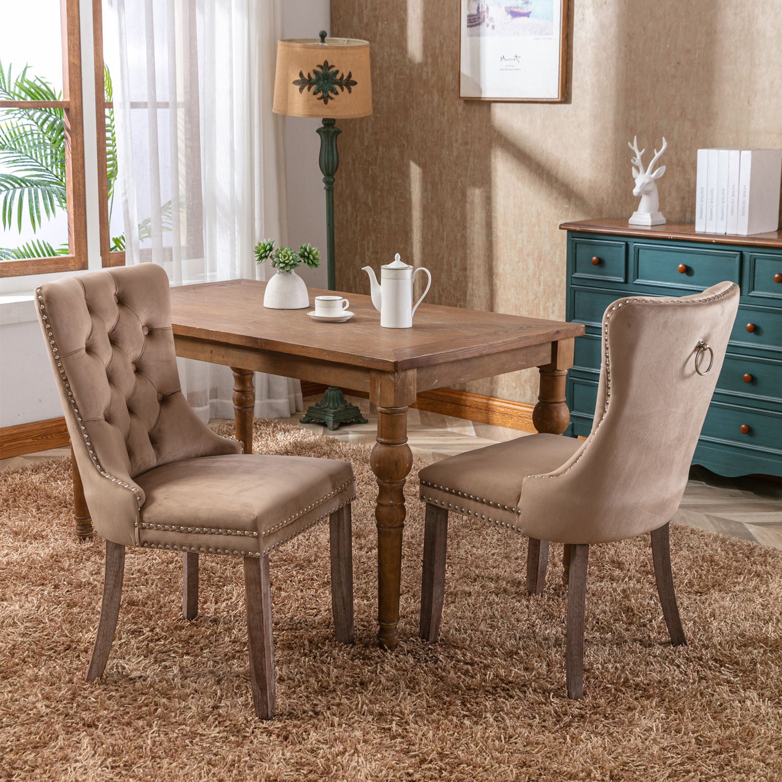 Nikki Collection Modern, High End Tufted Solid Wood Contemporary Velvet Upholstered Dining Chair With Wood Legs Trim 2 Pcs Set, Khaki, Sw2001Kk Khaki Dining Room American Design Dining Chairs Rubberwood Foam Velvet