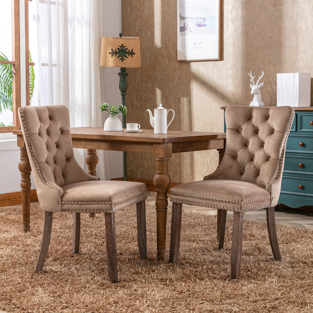 Nikki Collection Modern, High End Tufted Solid Wood Contemporary Velvet Upholstered Dining Chair With Wood Legs Trim 2 Pcs Set, Khaki, Sw2001Kk Khaki Dining Room American Design Dining Chairs Rubberwood Foam Velvet